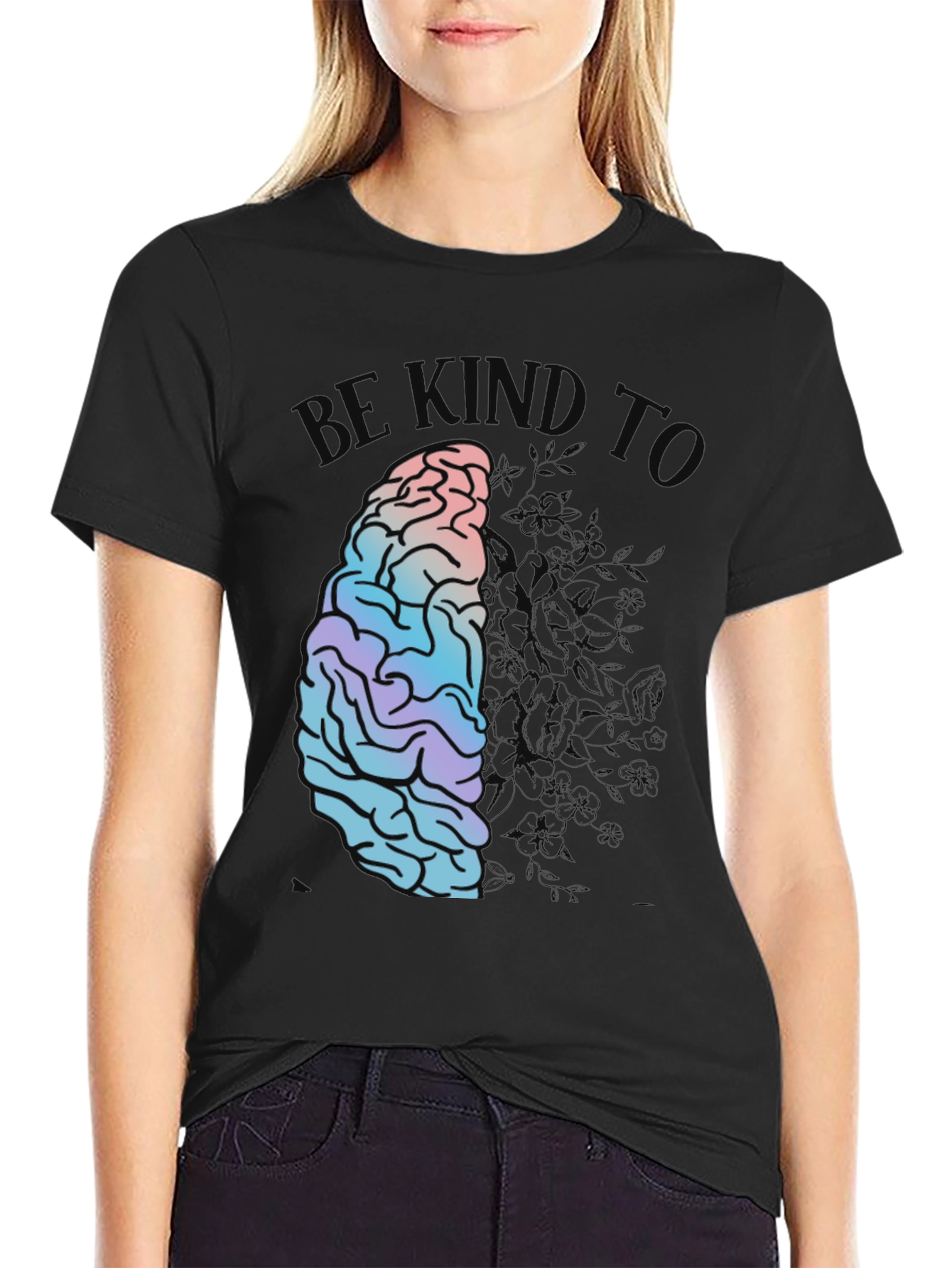 Be Kind Brain Graphic Print Black T-Shirt