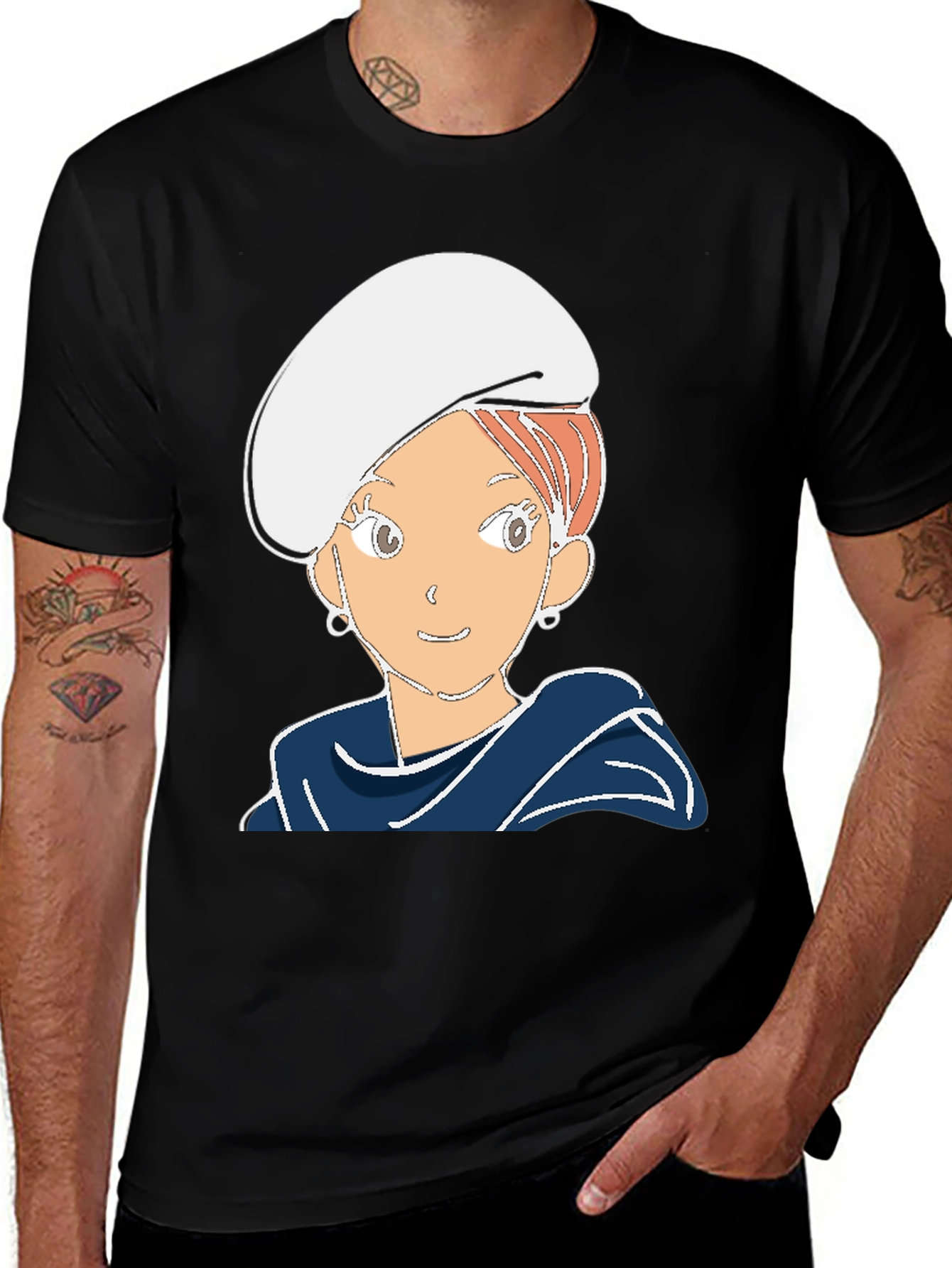 Cartoon Girl Graphic Tee - Black Cotton Blend T-Shirt