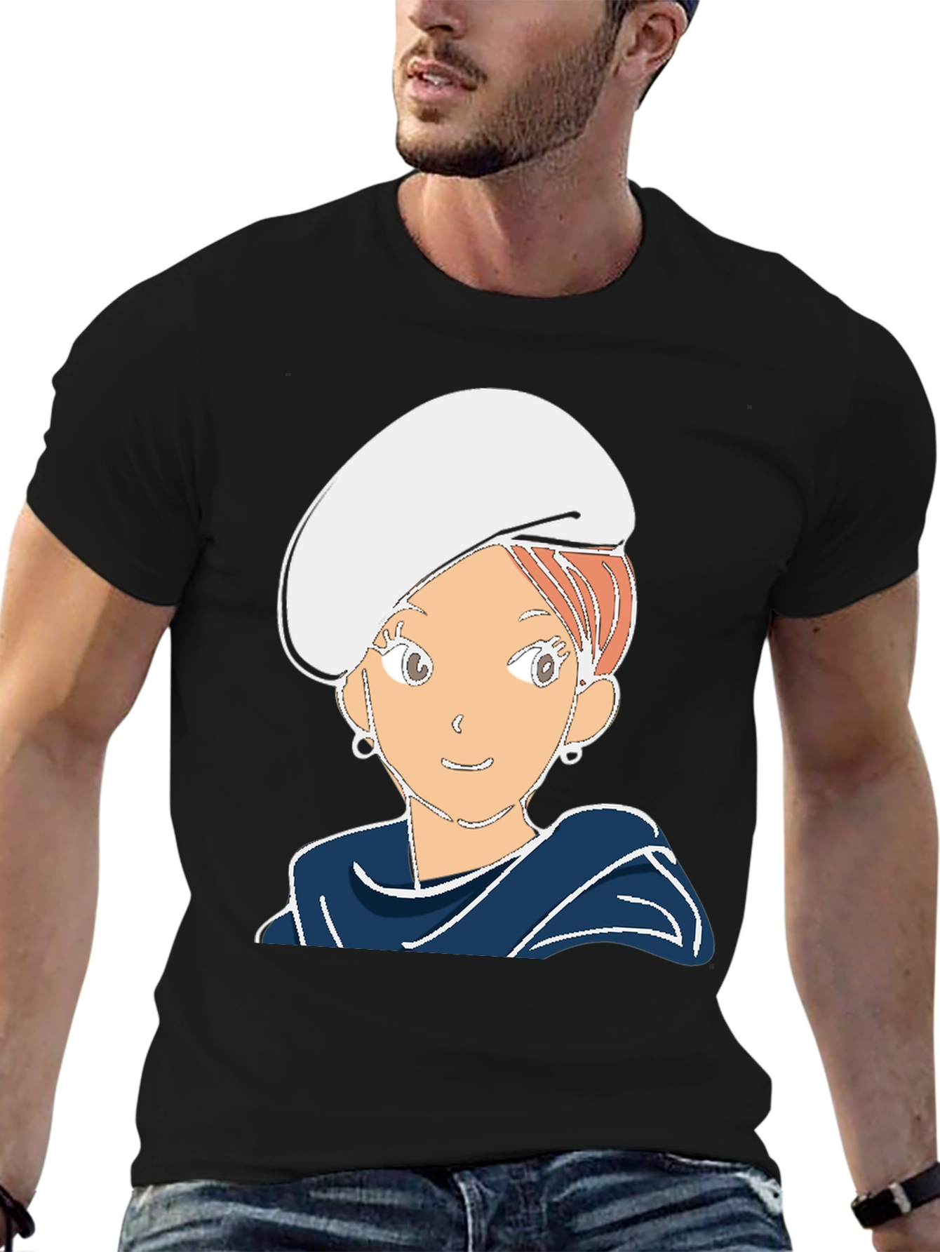 Cartoon Girl Graphic Tee - Black Cotton Blend T-Shirt
