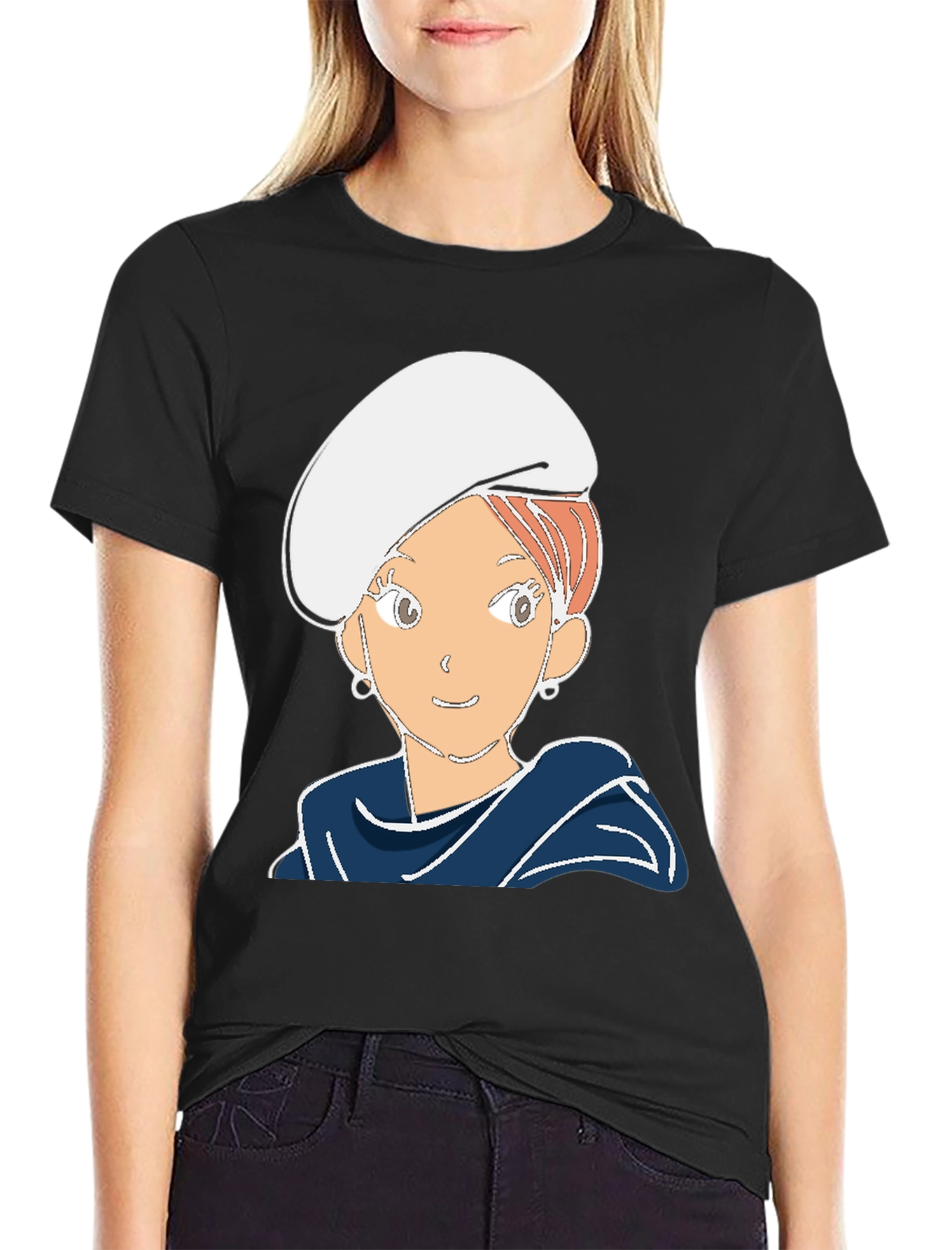 Cartoon Girl Graphic Tee - Black Cotton Blend T-Shirt