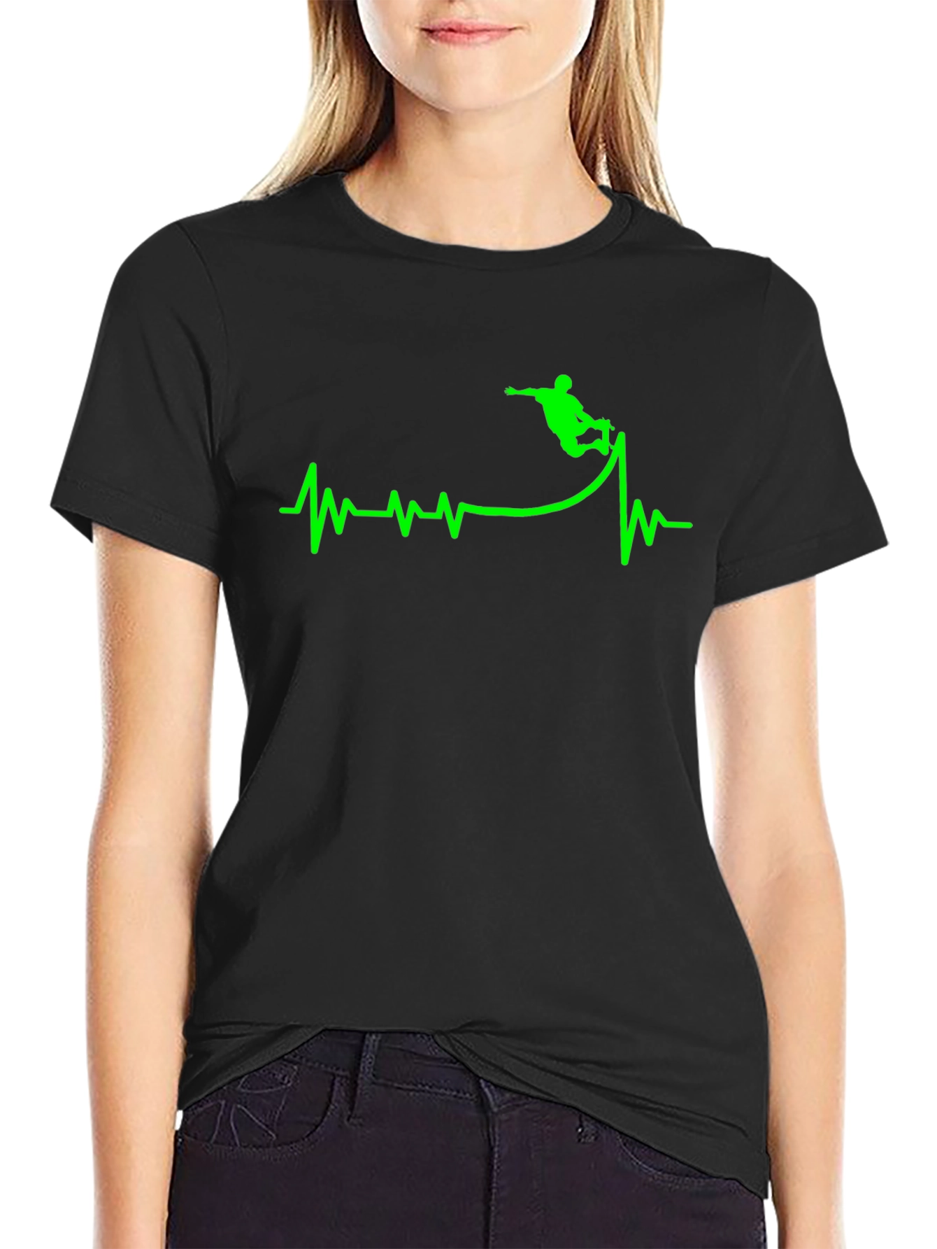 Skateboarding Heartbeat Graphic T-Shirt - Black