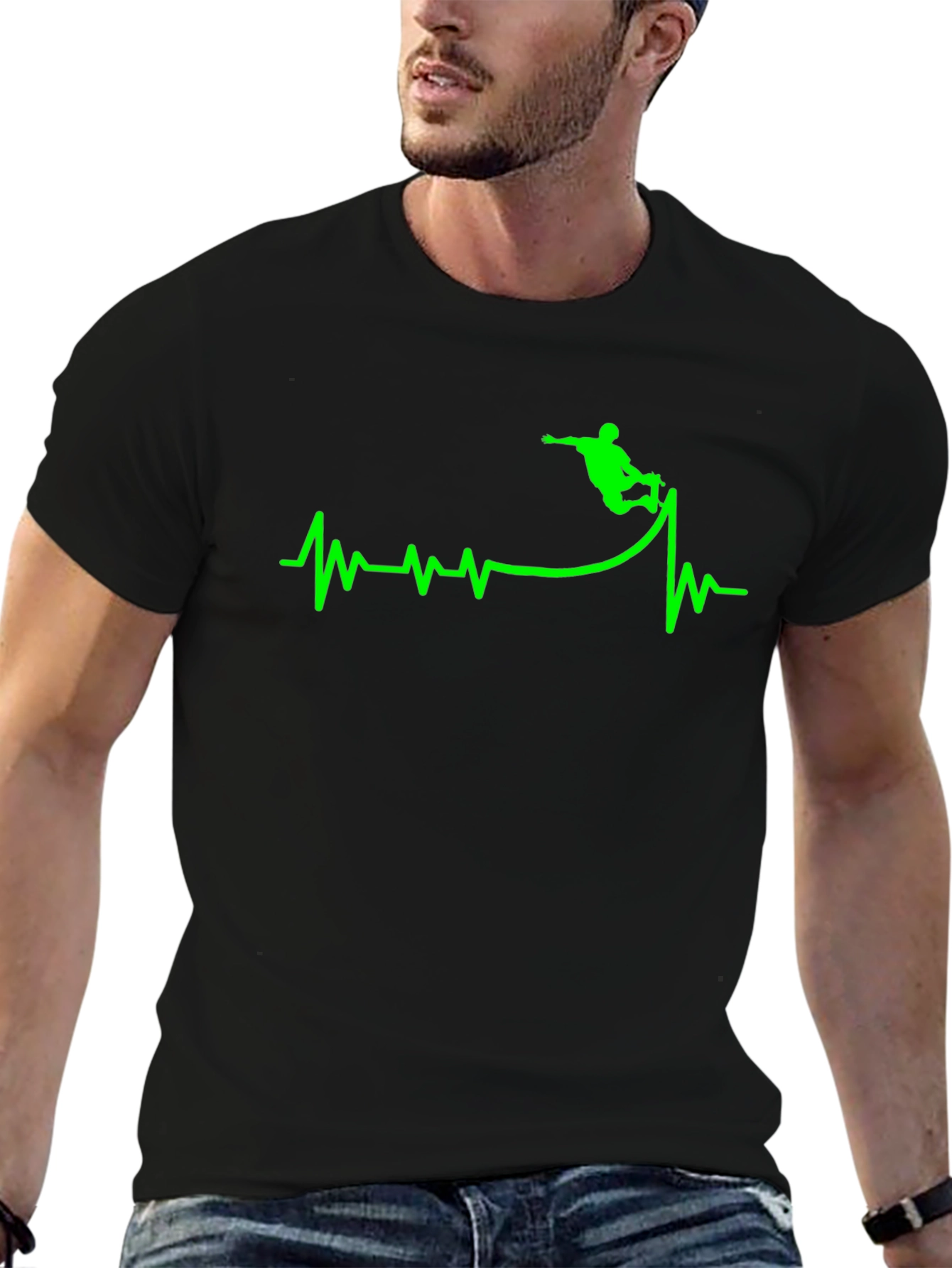 Skateboarding Heartbeat Graphic T-Shirt - Black