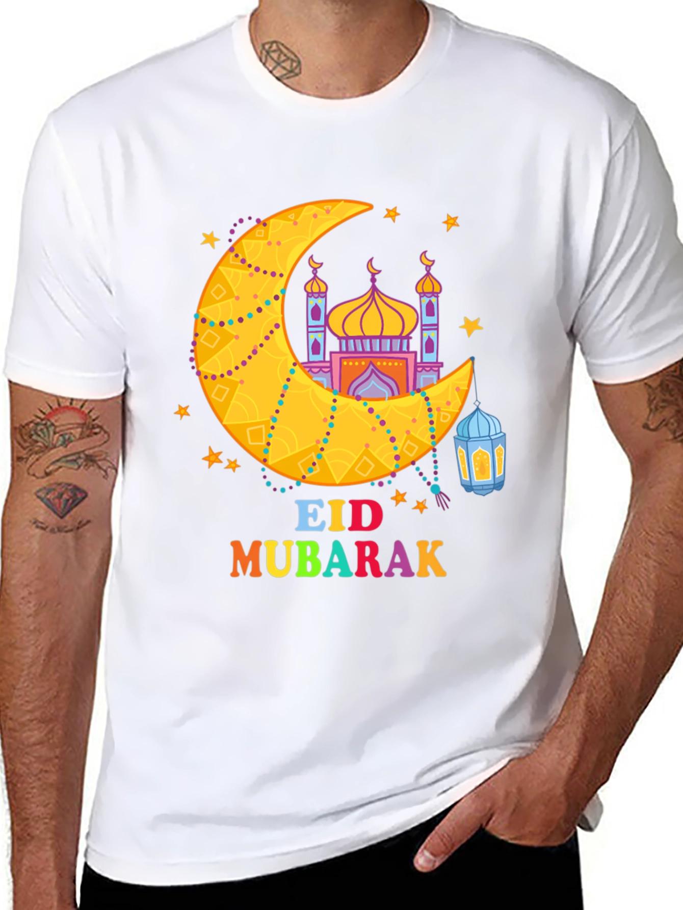 Eid Mubarak T-Shirt - Crescent Moon & Mosque Design