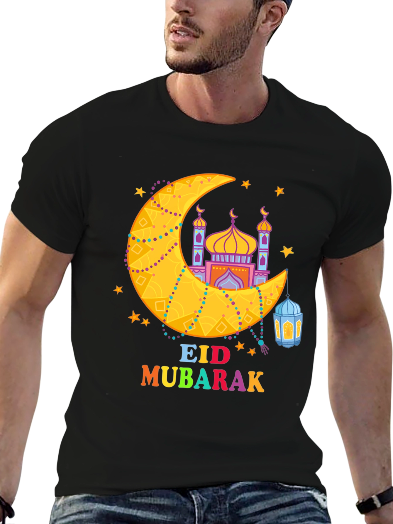 Eid Mubarak T-Shirt - Crescent Moon & Mosque Design