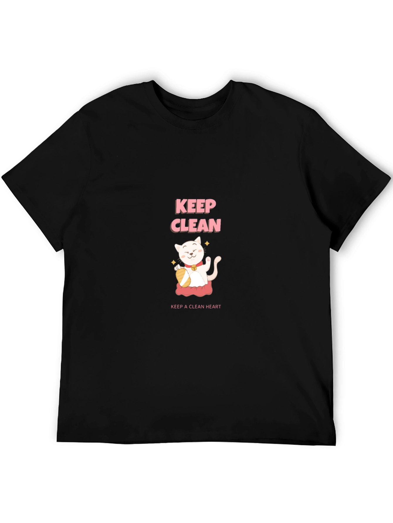 Keep Clean Black T-Shirt - Cute Cat Design