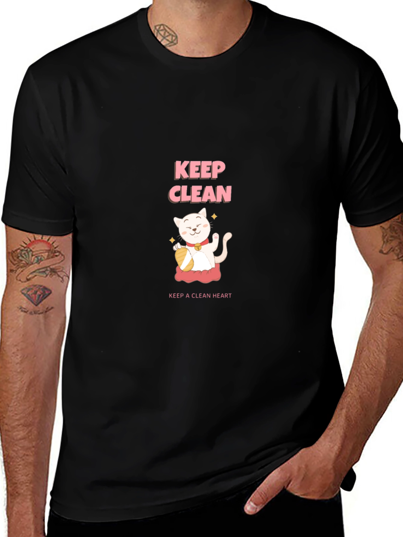 Keep Clean Black T-Shirt - Cute Cat Design