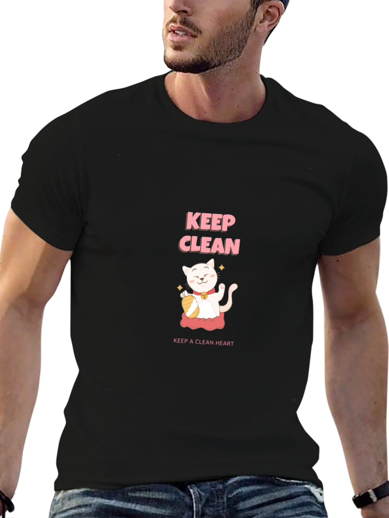 Keep Clean Black T-Shirt - Cute Cat Design