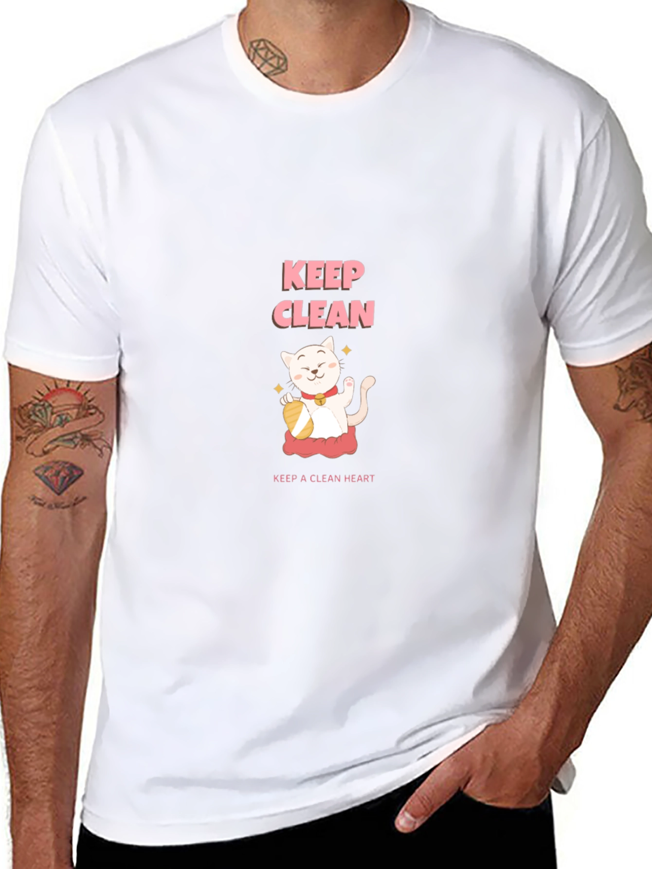 Keep Clean Black T-Shirt - Cute Cat Design