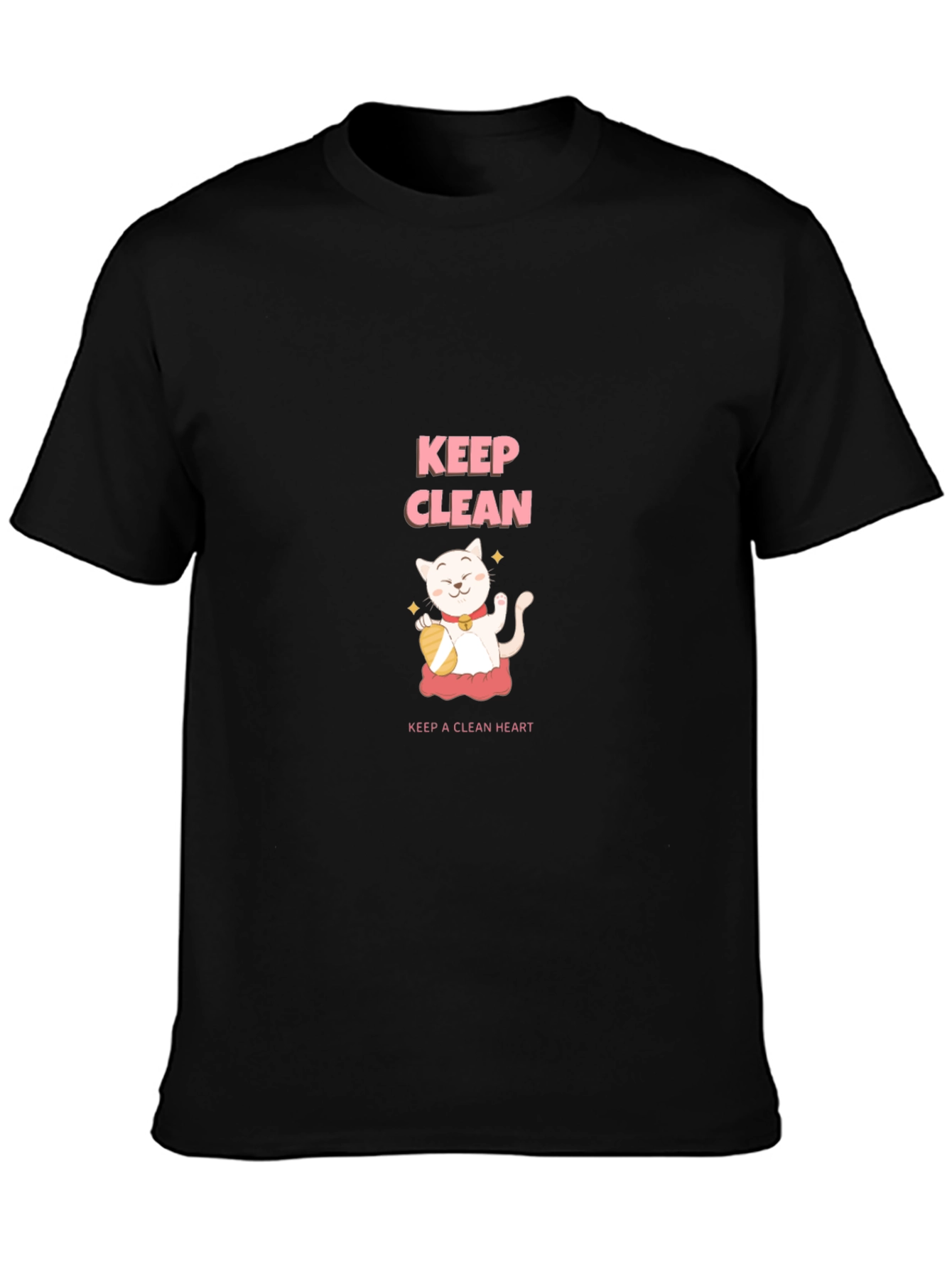Keep Clean Black T-Shirt - Cute Cat Design