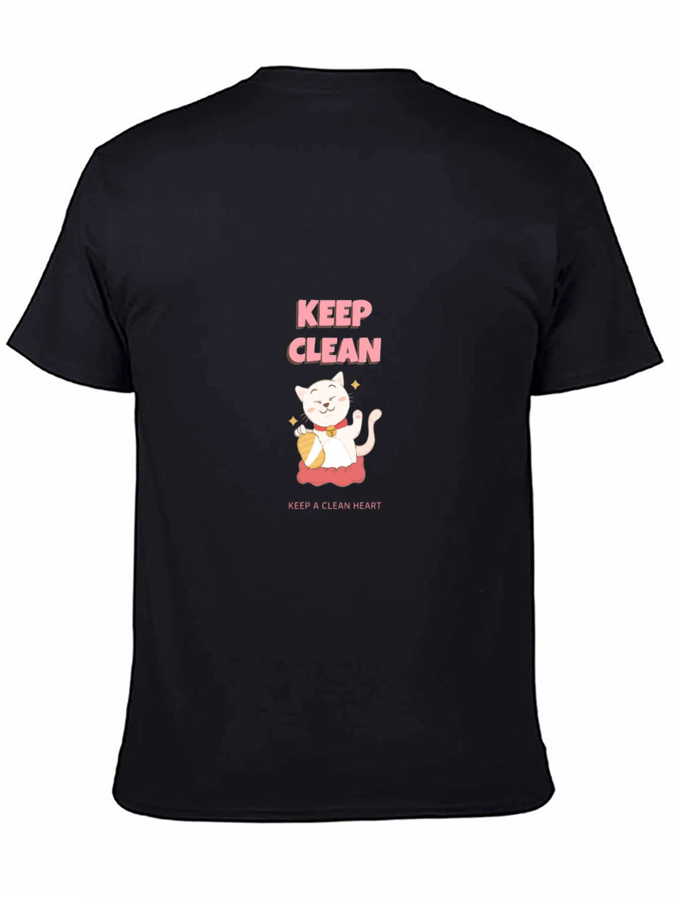 Keep Clean Black T-Shirt - Cute Cat Design