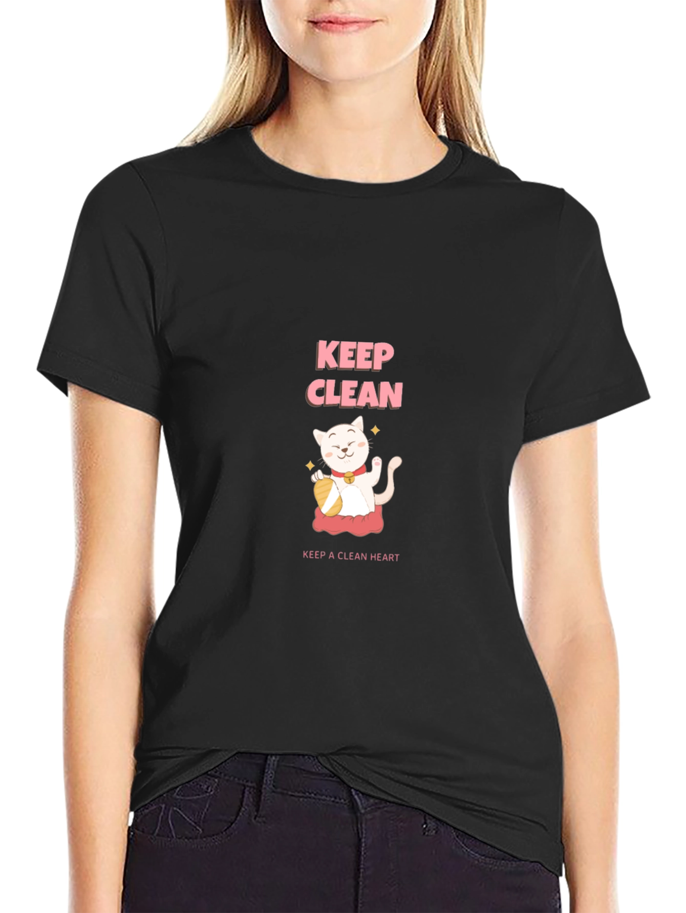 Keep Clean Black T-Shirt - Cute Cat Design
