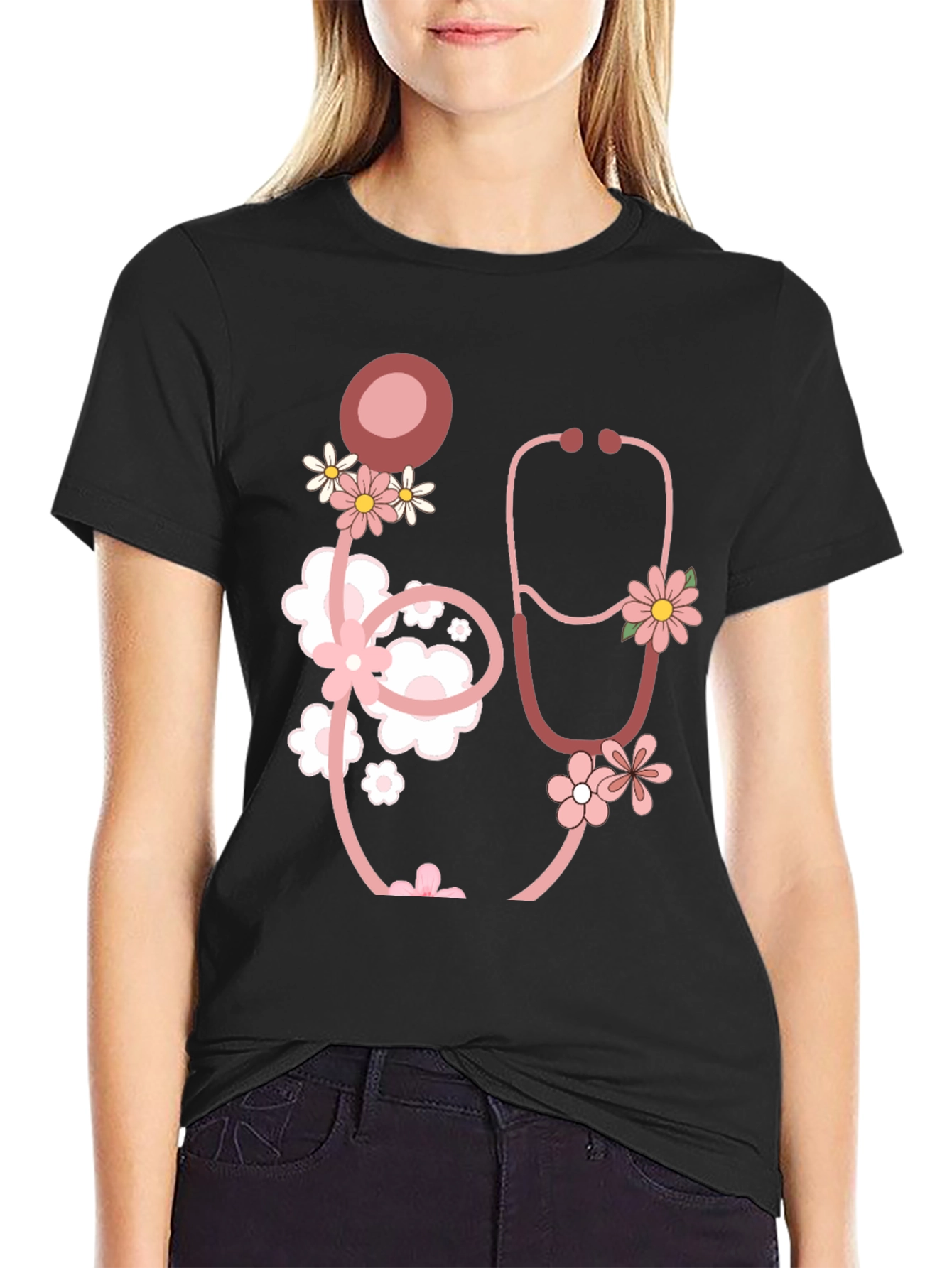 Floral Stethoscope Graphic T-Shirt