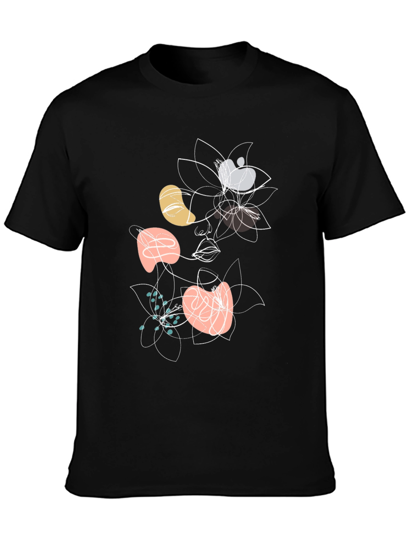 Abstract Floral Face Graphic Black T-Shirt