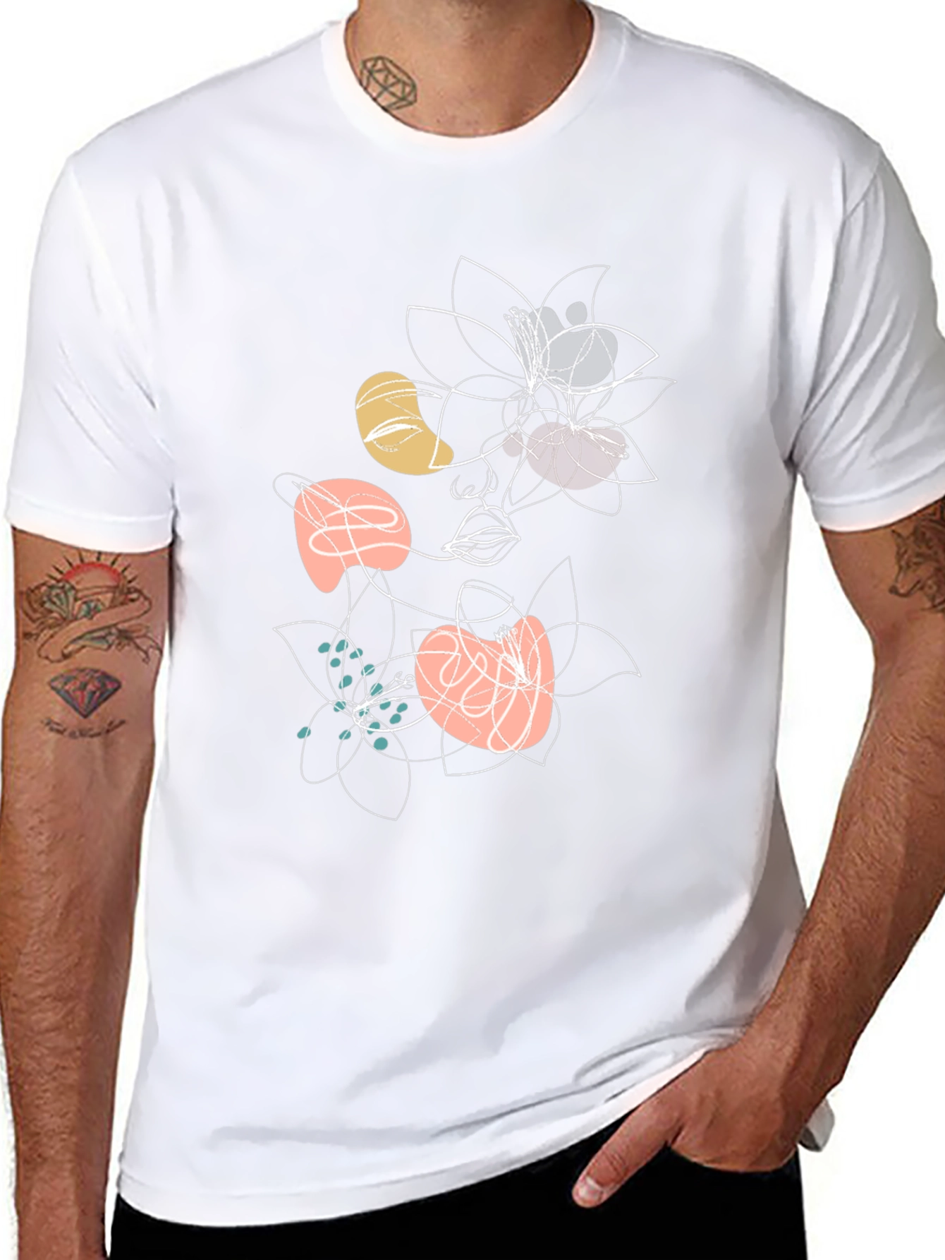 Abstract Floral Face Graphic Black T-Shirt