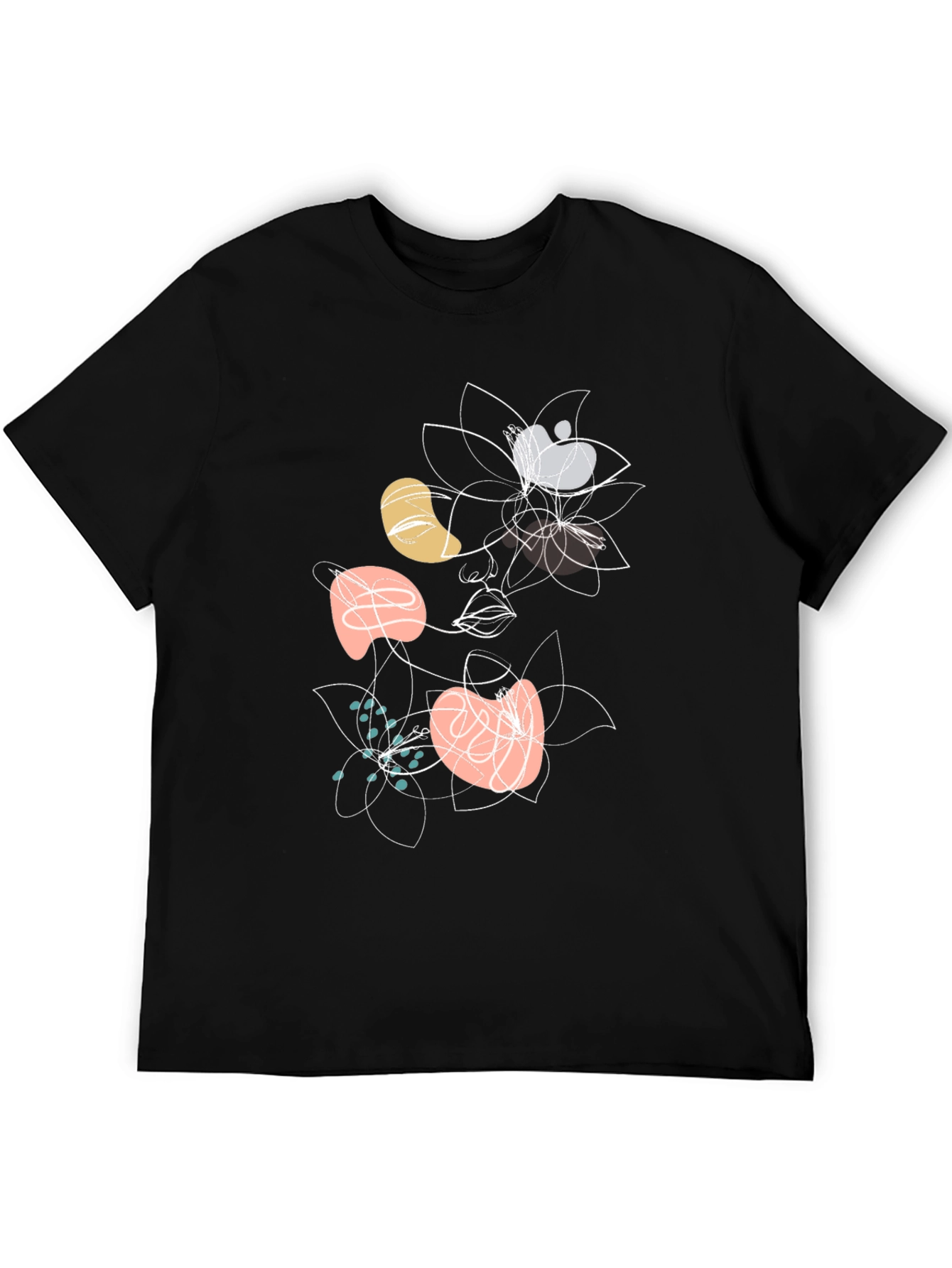 Abstract Floral Face Graphic Black T-Shirt
