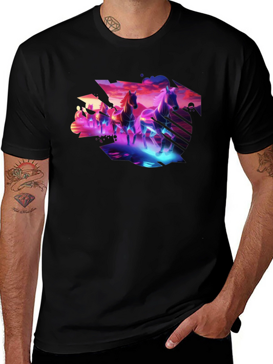 Cyberpunk Horses Graphic Tee - Black Cotton