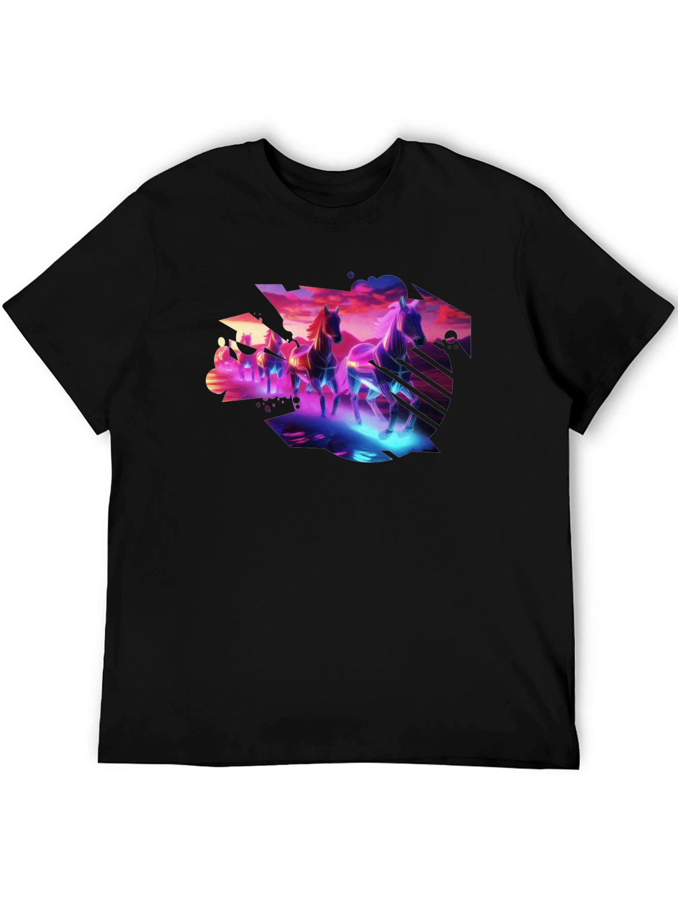 Cyberpunk Horses Graphic Tee - Black Cotton