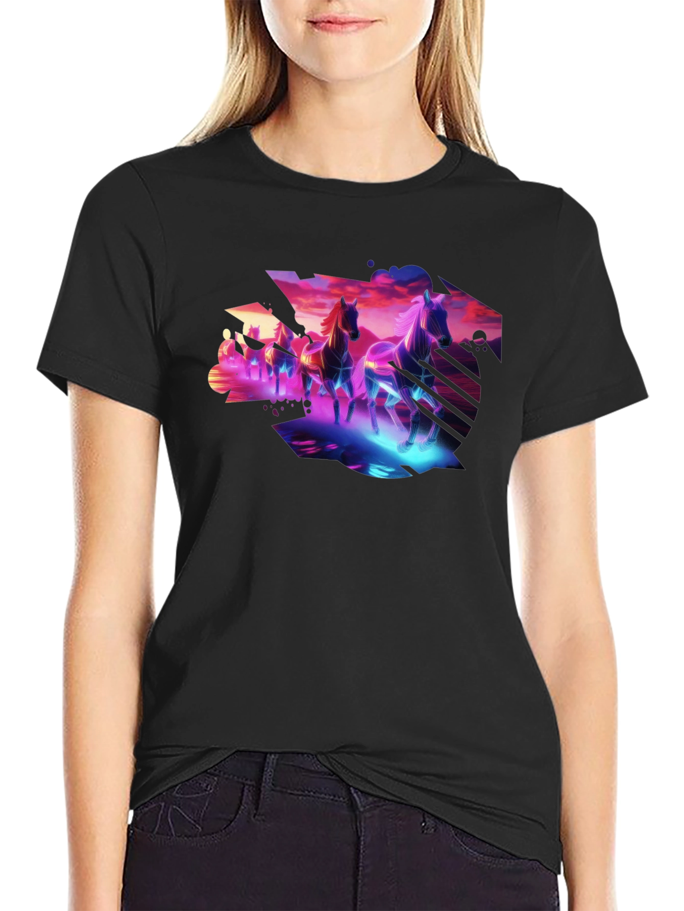 Cyberpunk Horses Graphic Tee - Black Cotton