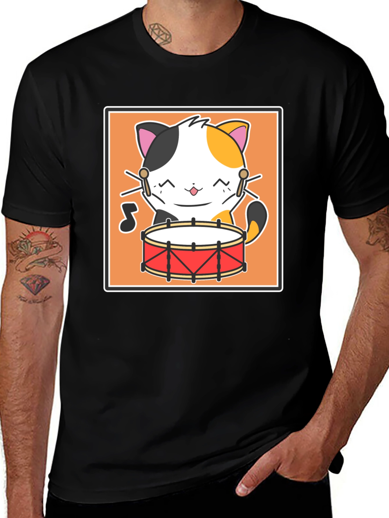 Cat Drummer Black T-Shirt - Music Lover Tee