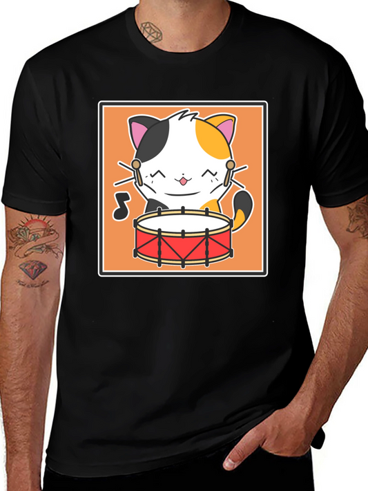 Cat Drummer Black T-Shirt - Music Lover Tee