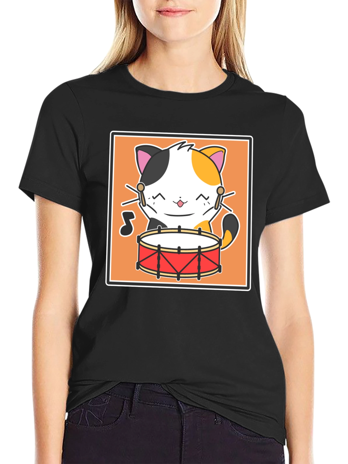 Cat Drummer Black T-Shirt - Music Lover Tee