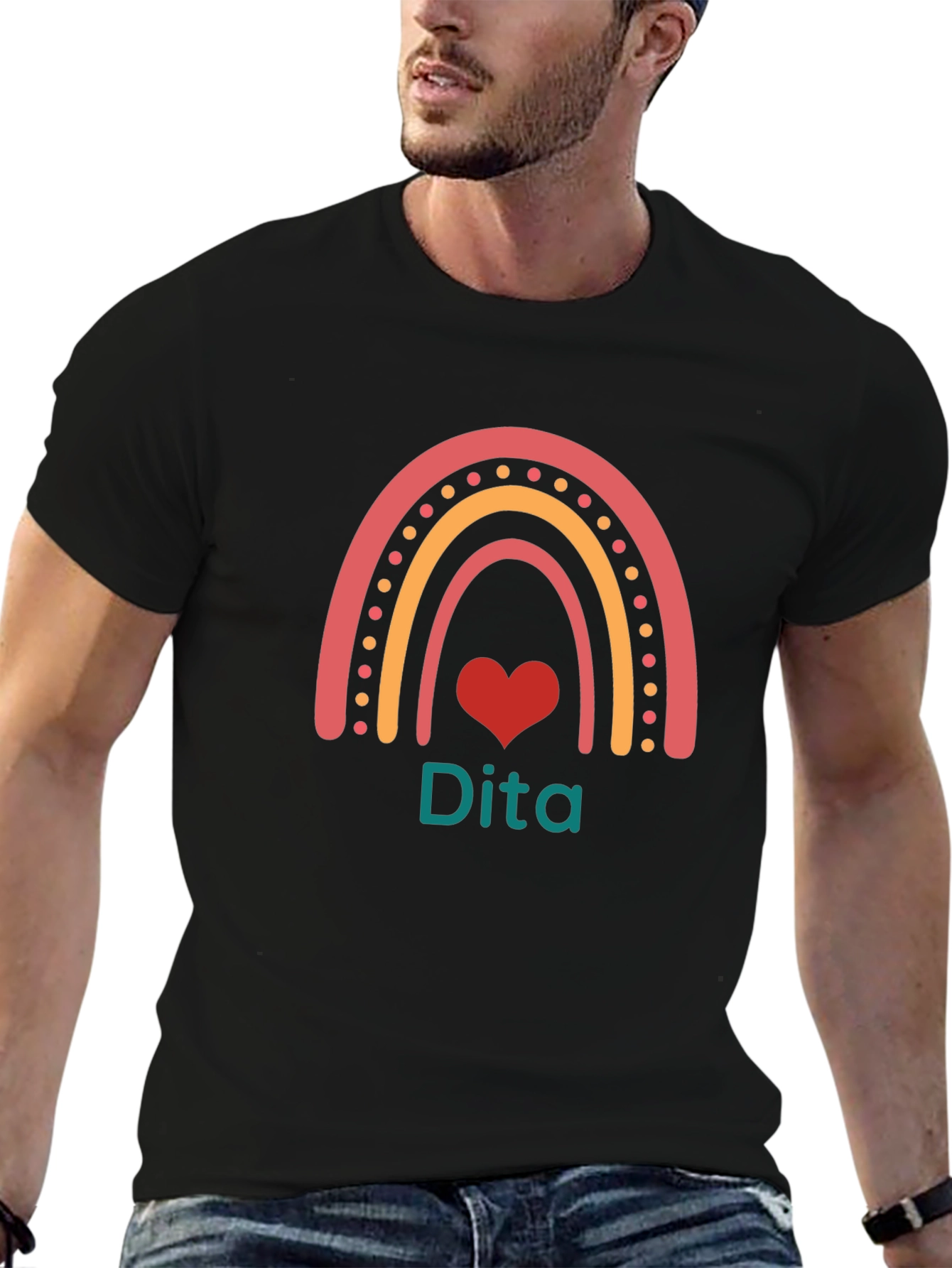 Dita Rainbow Heart Personalized Black T-Shirt