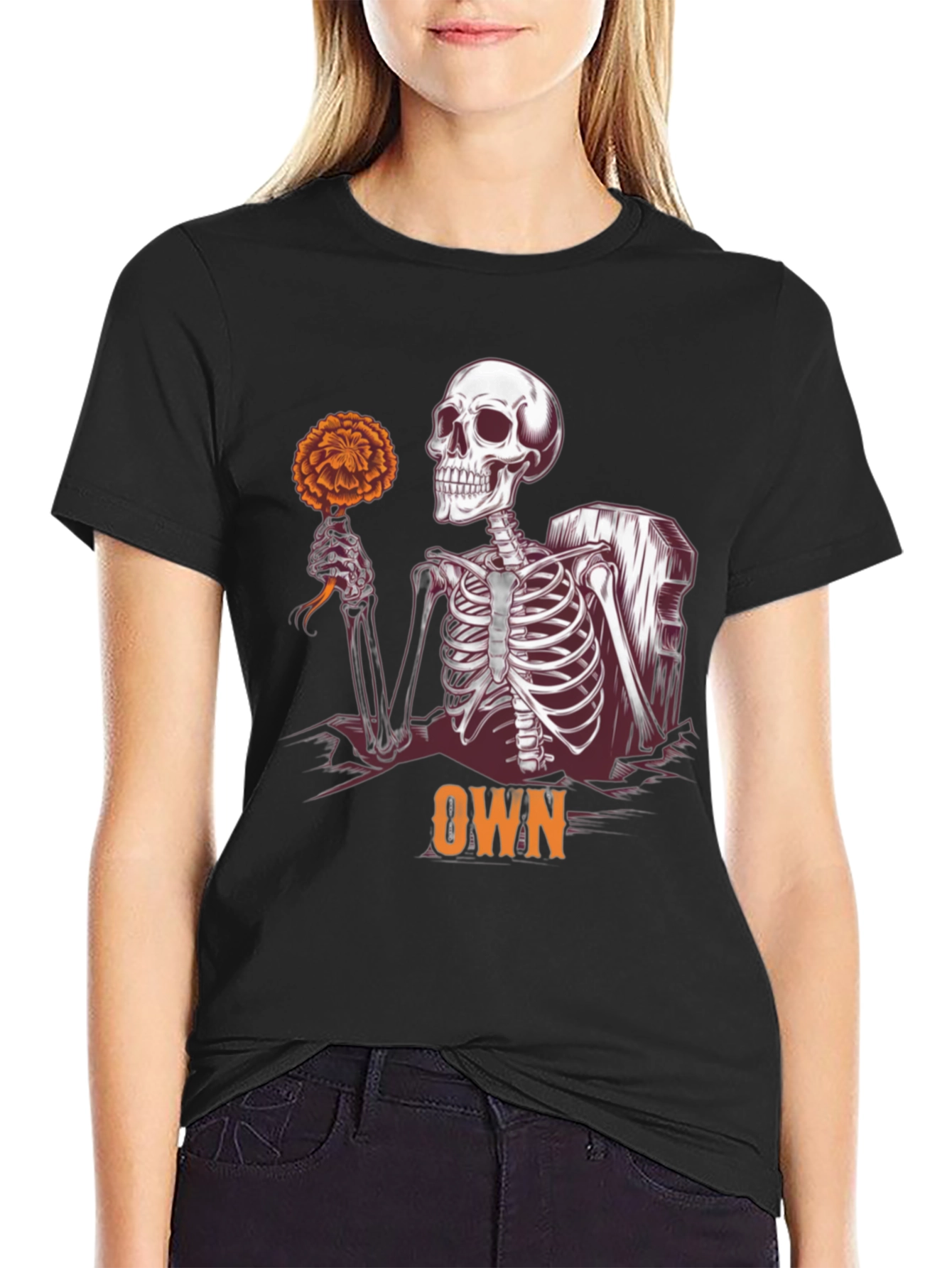 Skeleton Holding Flower Graphic Tee