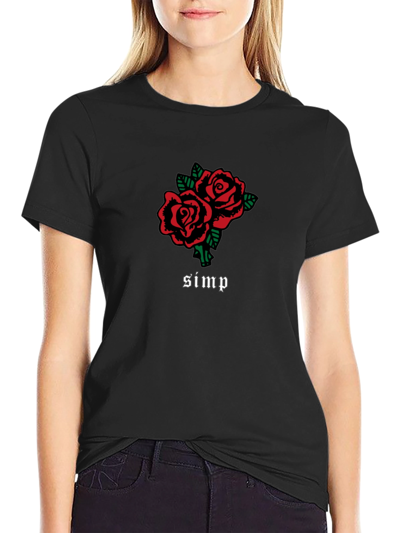 Red Rose Simp Graphic Black T-Shirt