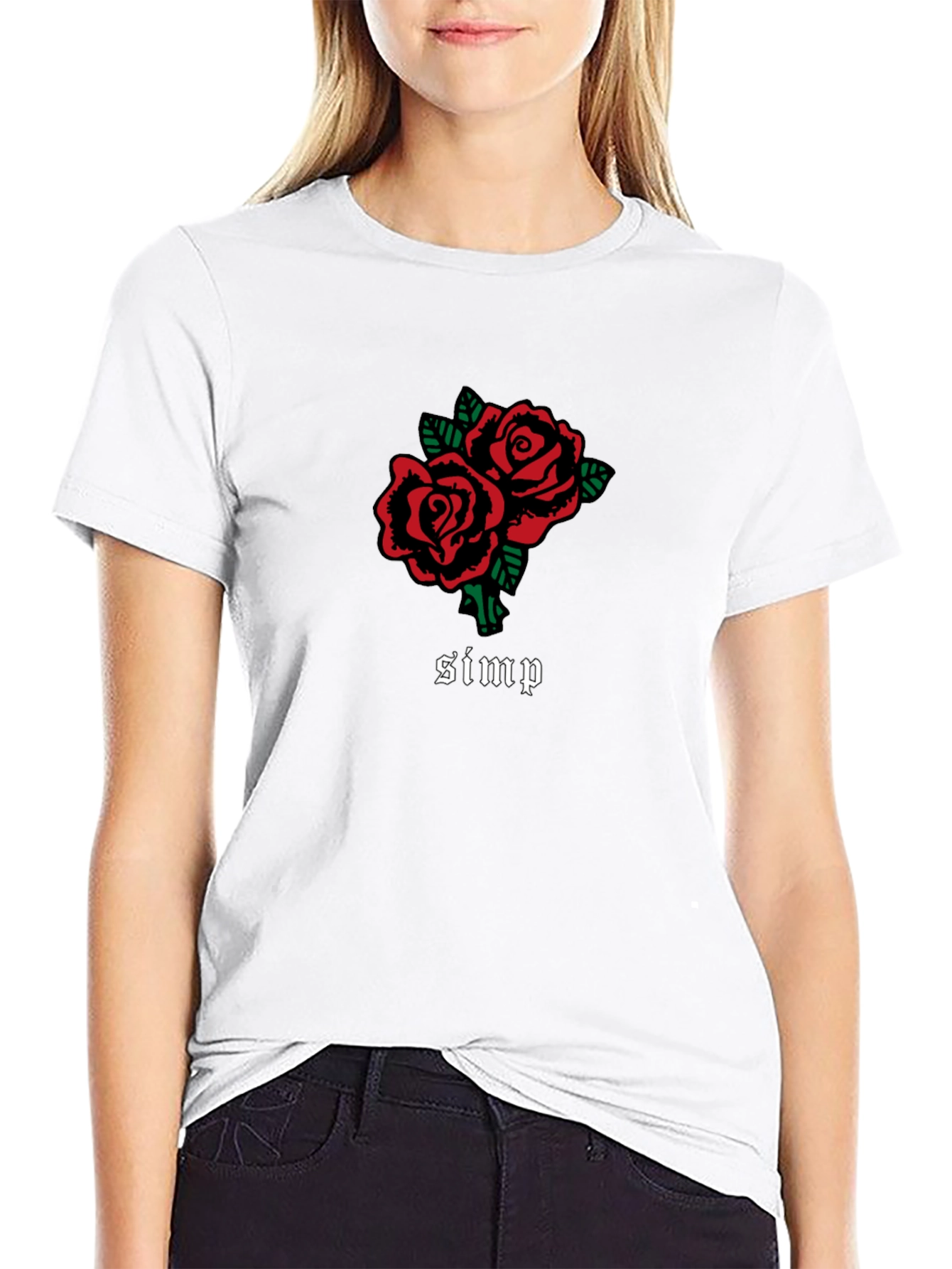 Red Rose Simp Graphic Black T-Shirt