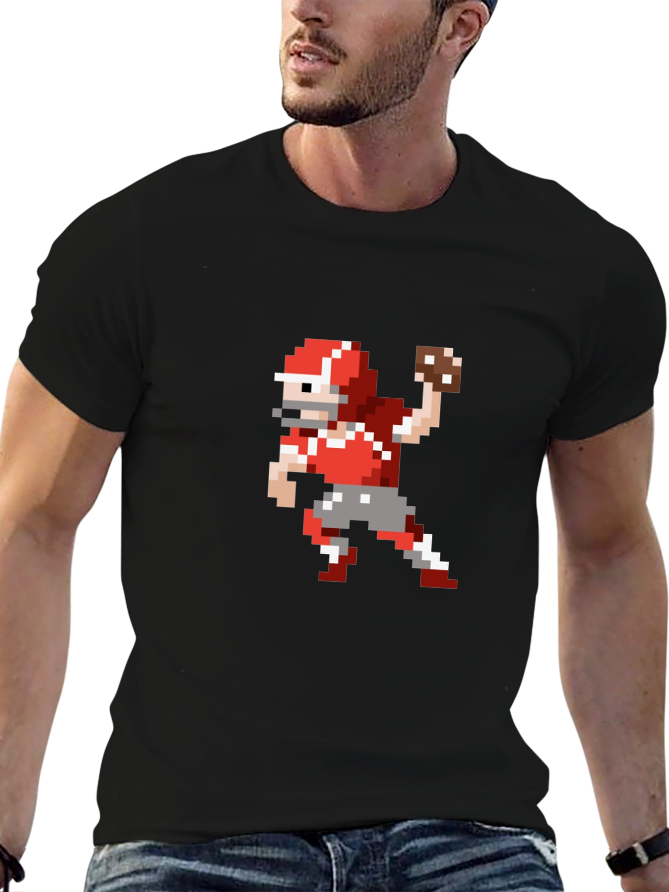 Pixel Football Player Throwing Black T-Shirt