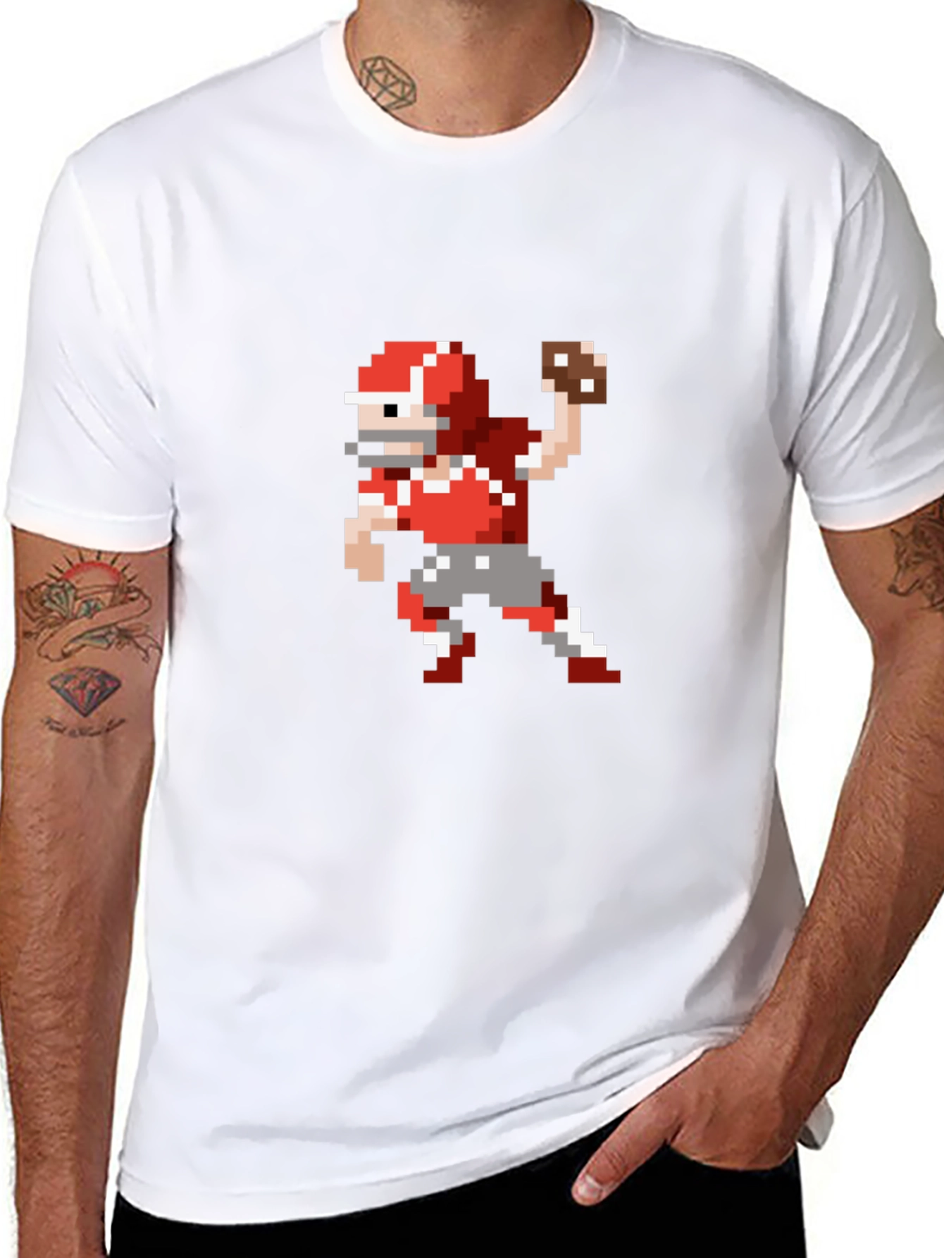 Pixel Football Player Throwing Black T-Shirt