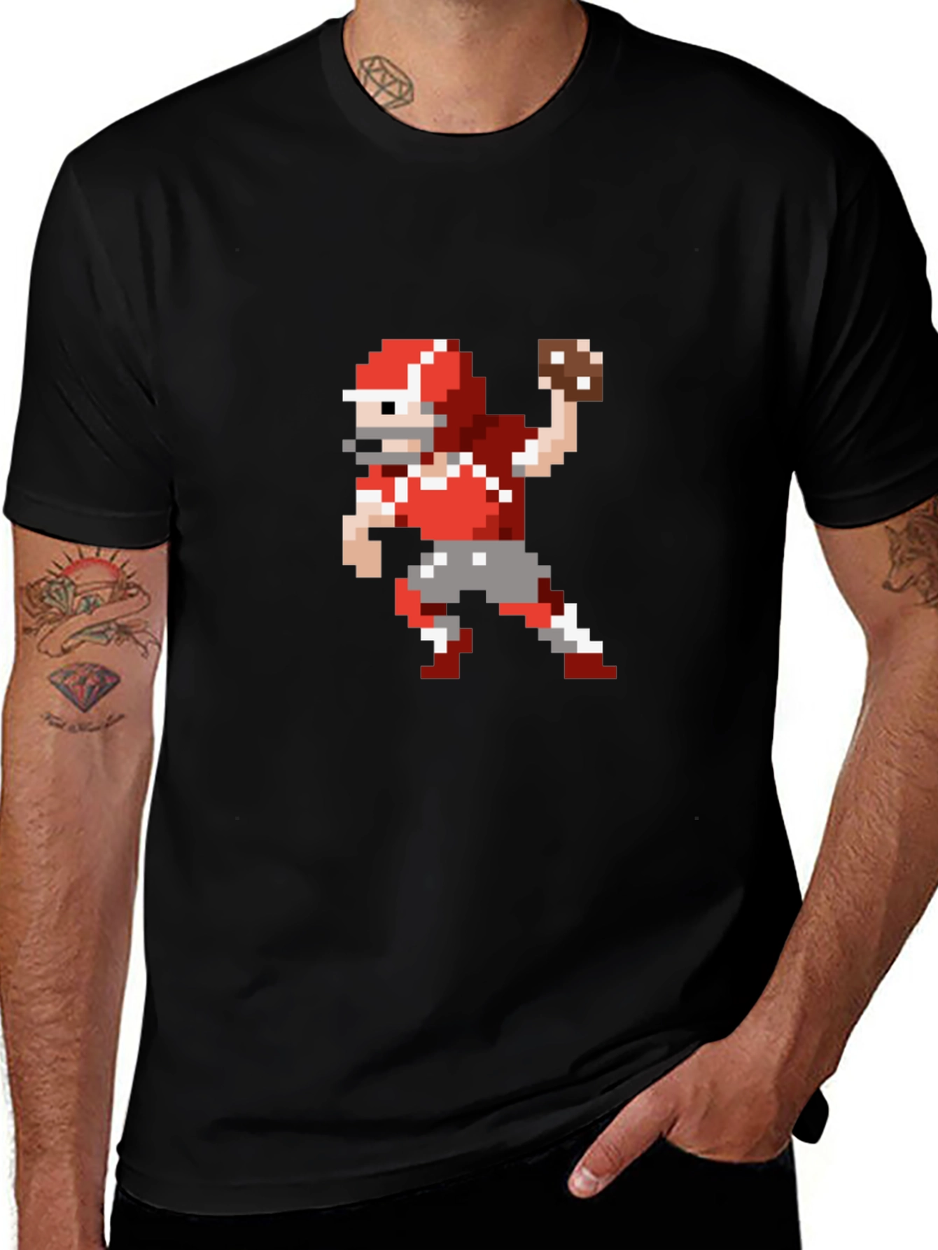 Pixel Football Player Throwing Black T-Shirt