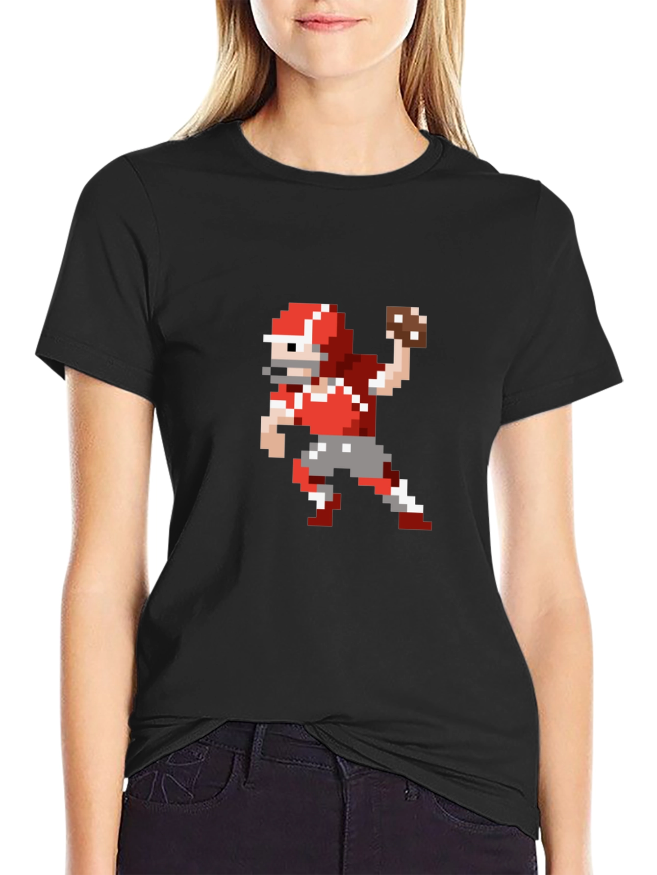 Pixel Football Player Throwing Black T-Shirt
