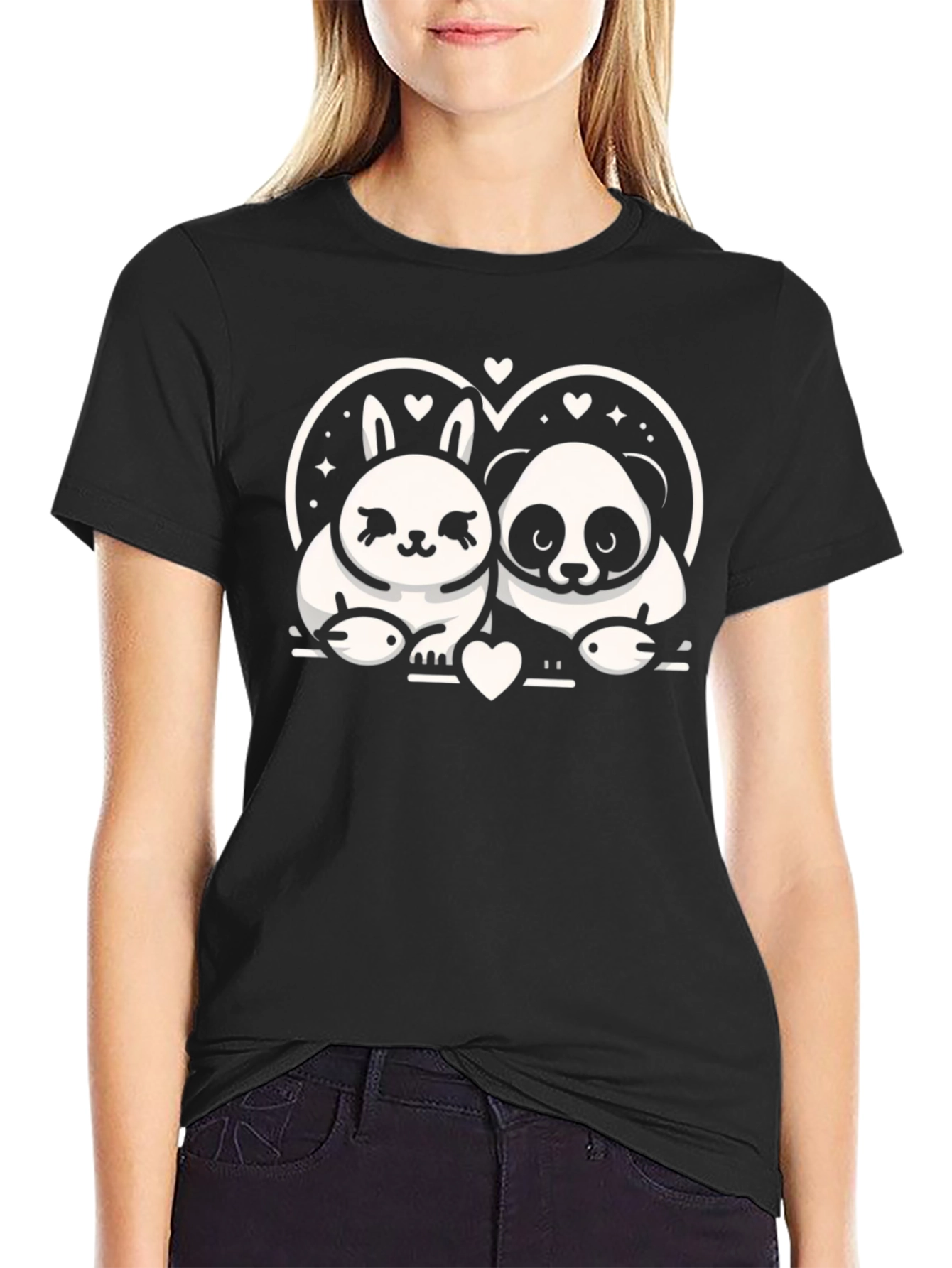 Cute Panda & Bunny Love Graphic T-Shirt