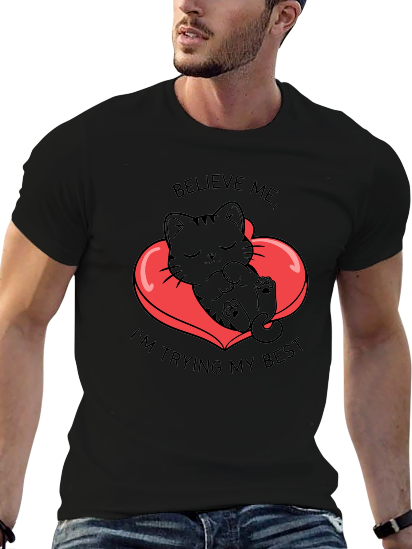 Cute Kitten Believe Me Graphic Black T-Shirt