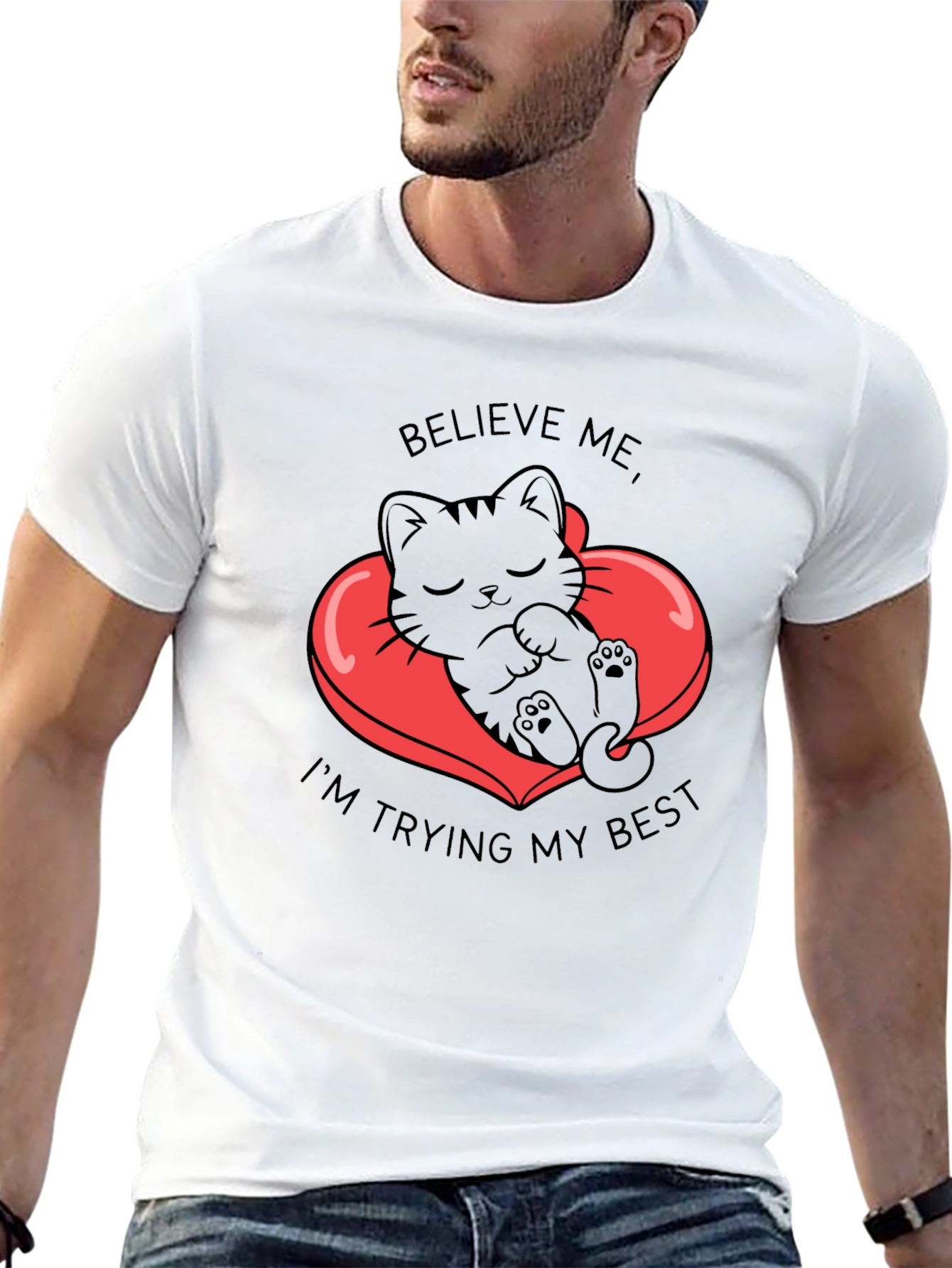 Cute Kitten Believe Me Graphic Black T-Shirt