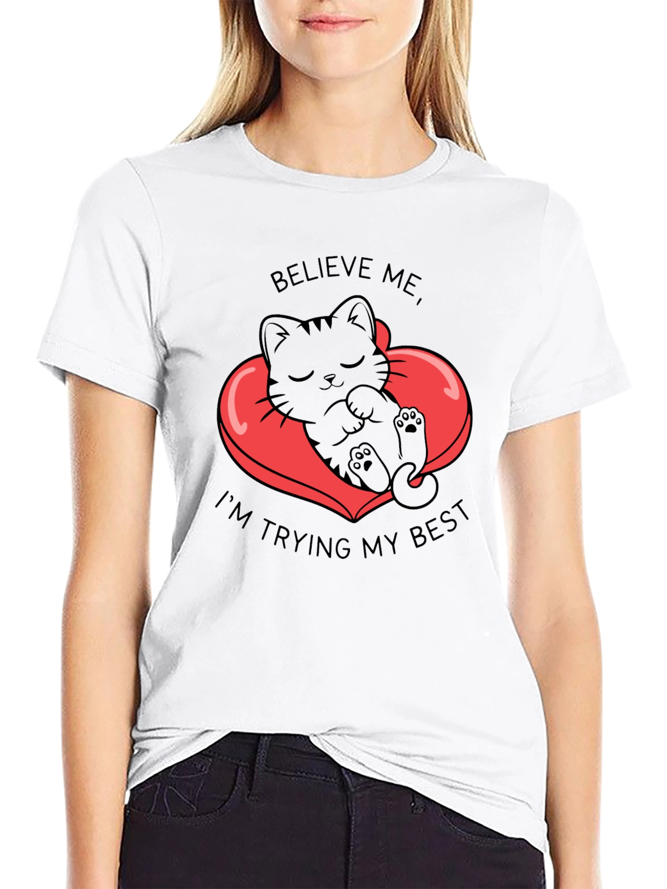 Cute Kitten Believe Me Graphic Black T-Shirt