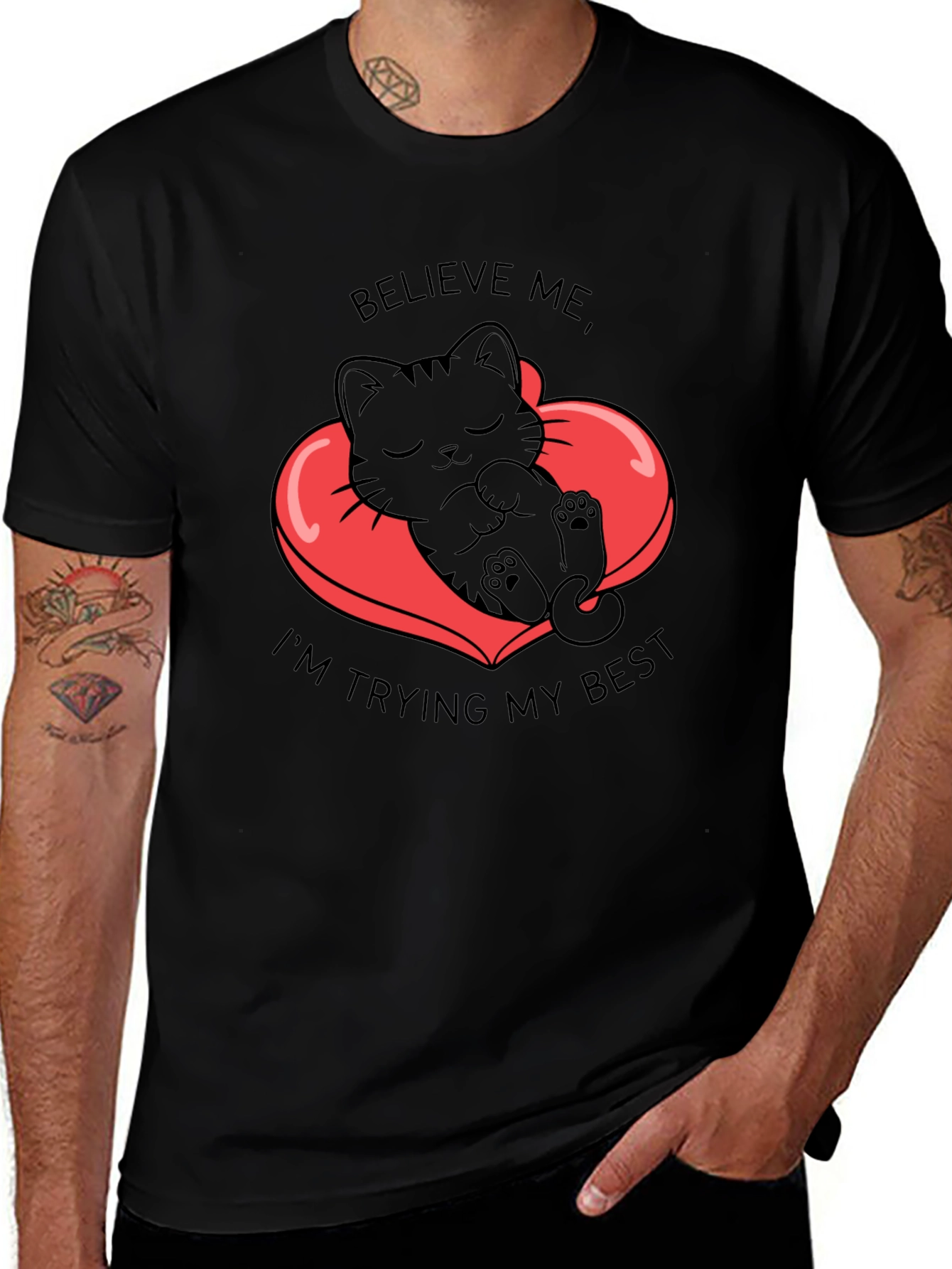 Cute Kitten Believe Me Graphic Black T-Shirt
