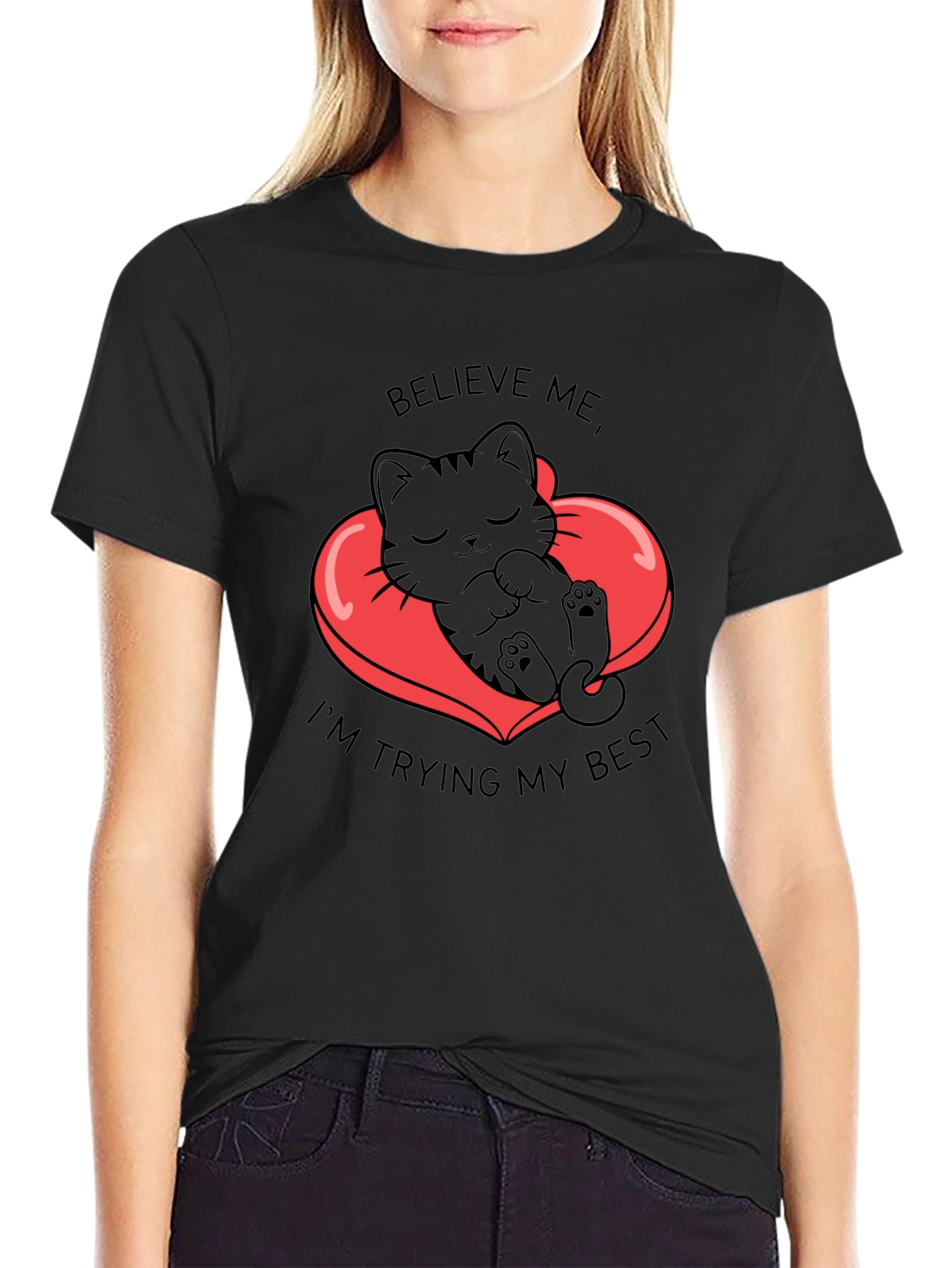 Cute Kitten Believe Me Graphic Black T-Shirt