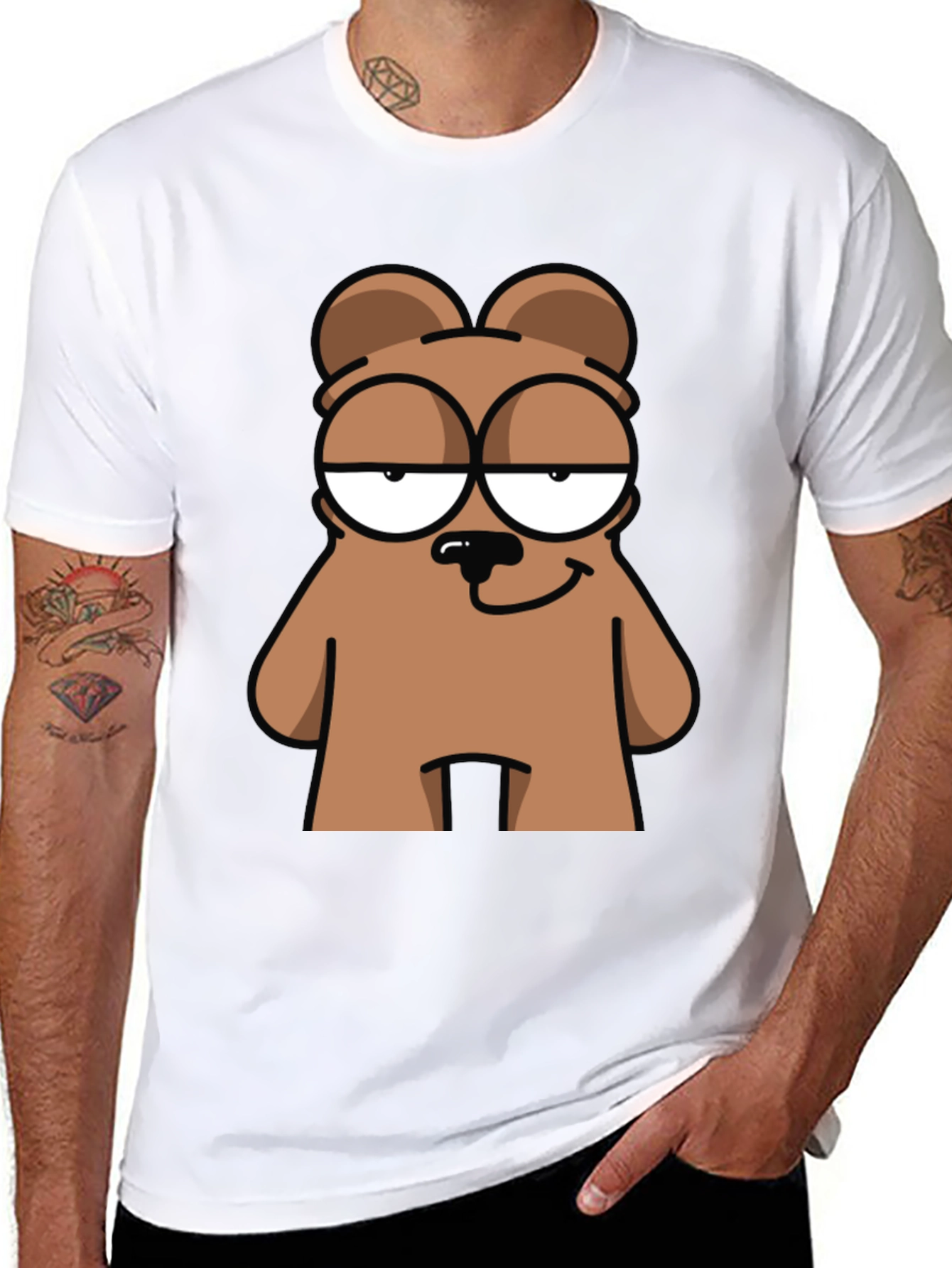 Cool Bear Cartoon Graphic Print Black T-Shirt