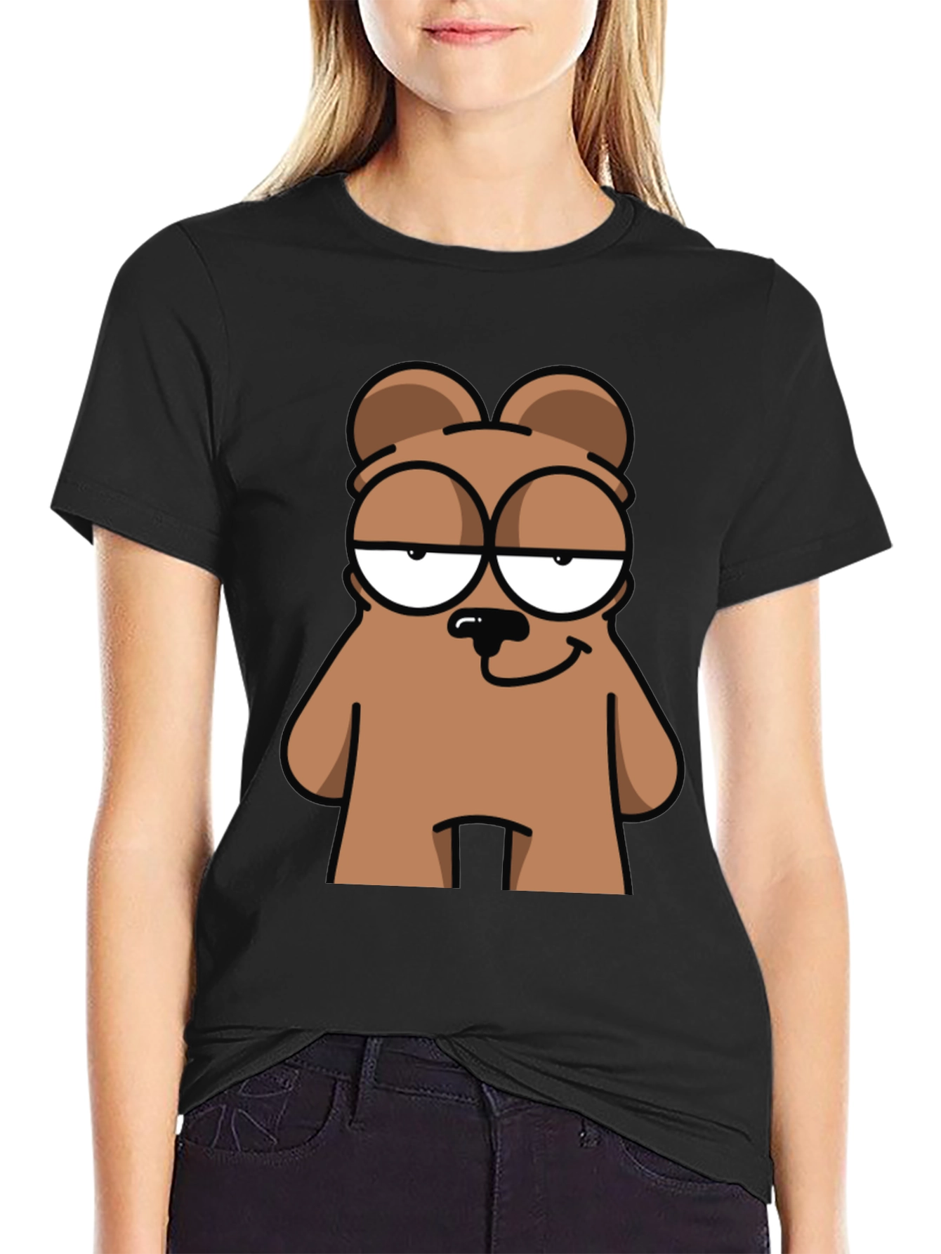 Cool Bear Cartoon Graphic Print Black T-Shirt