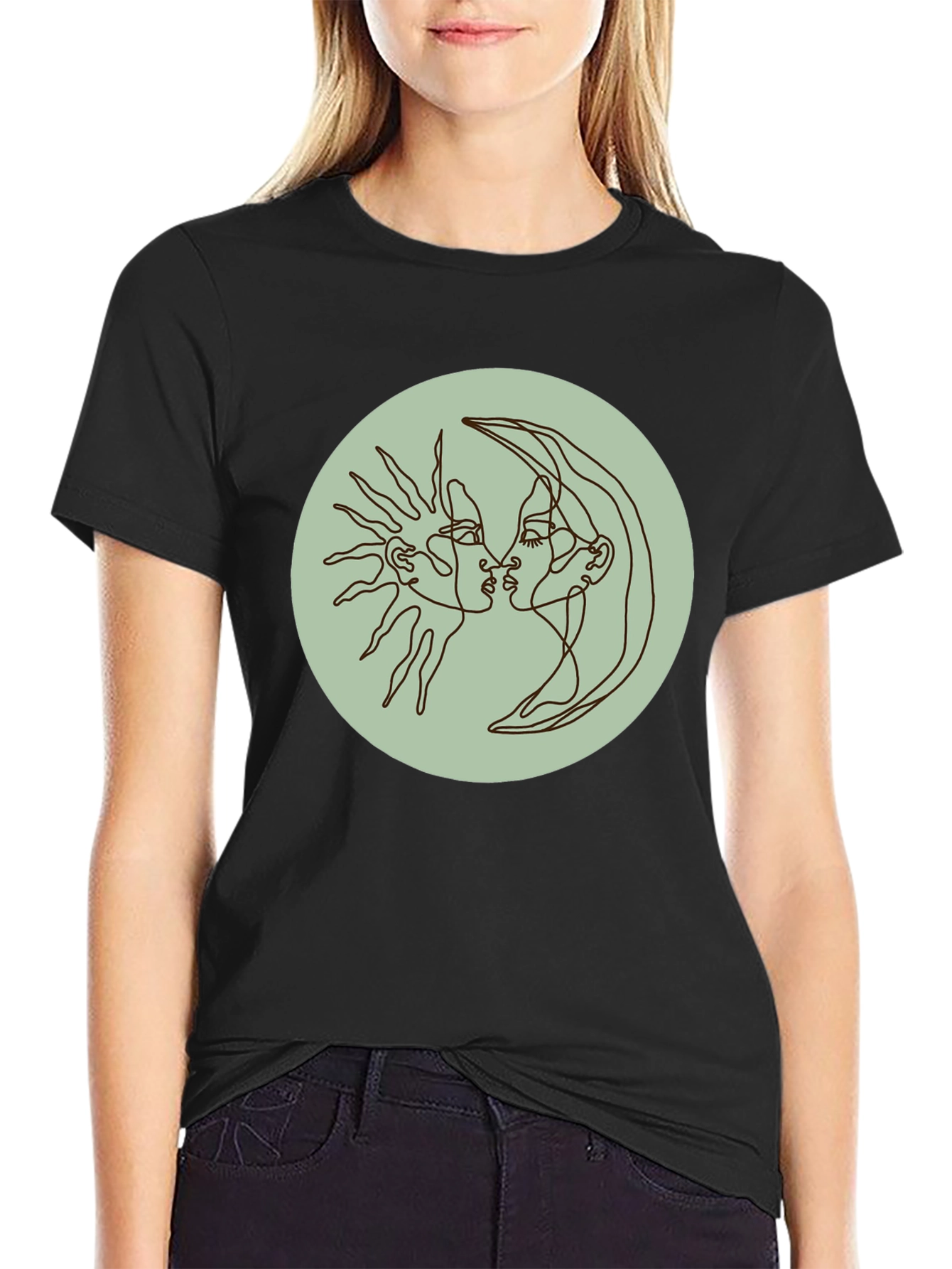 Sun and Moon Kiss T-Shirt - Celestial Line Art