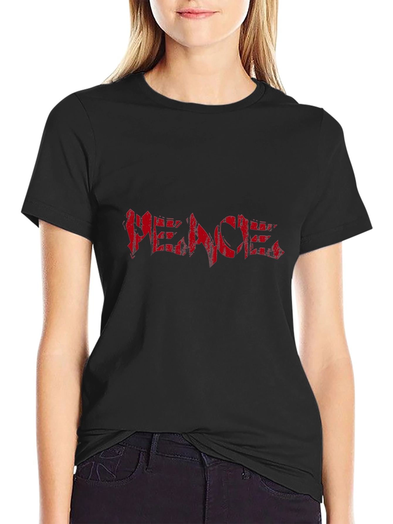 Black Graphic Tee - Red PEACE Print