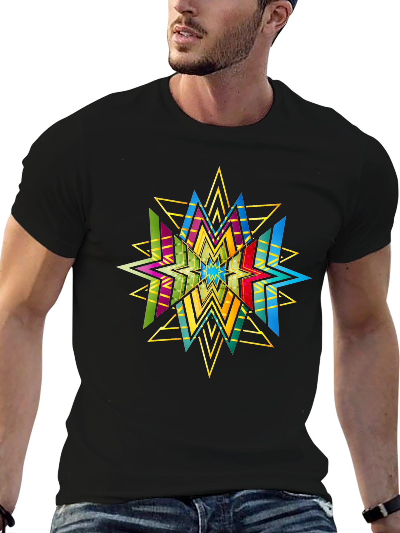 Geometric Star Graphic Print Black T-Shirt