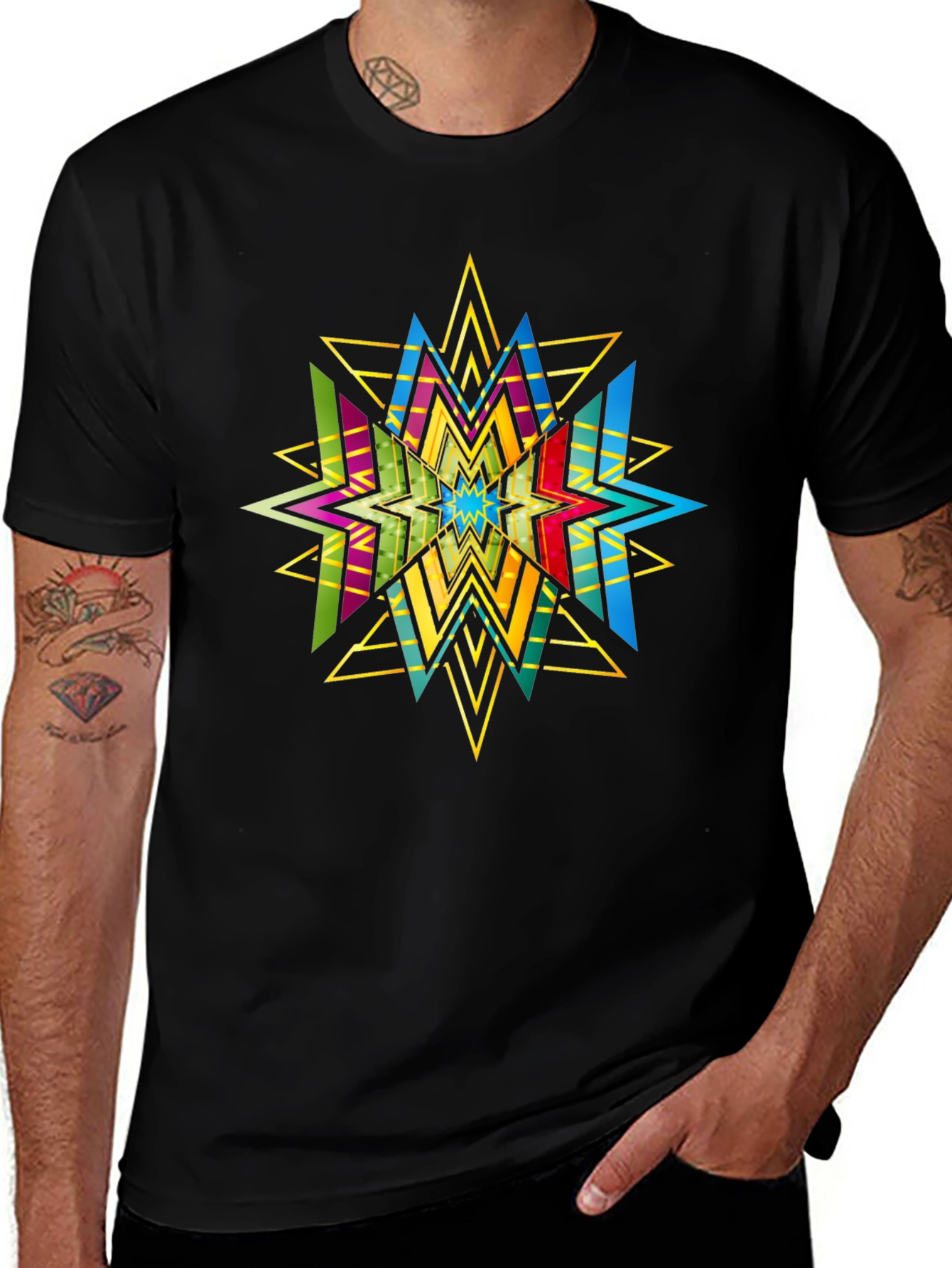 Geometric Star Graphic Print Black T-Shirt