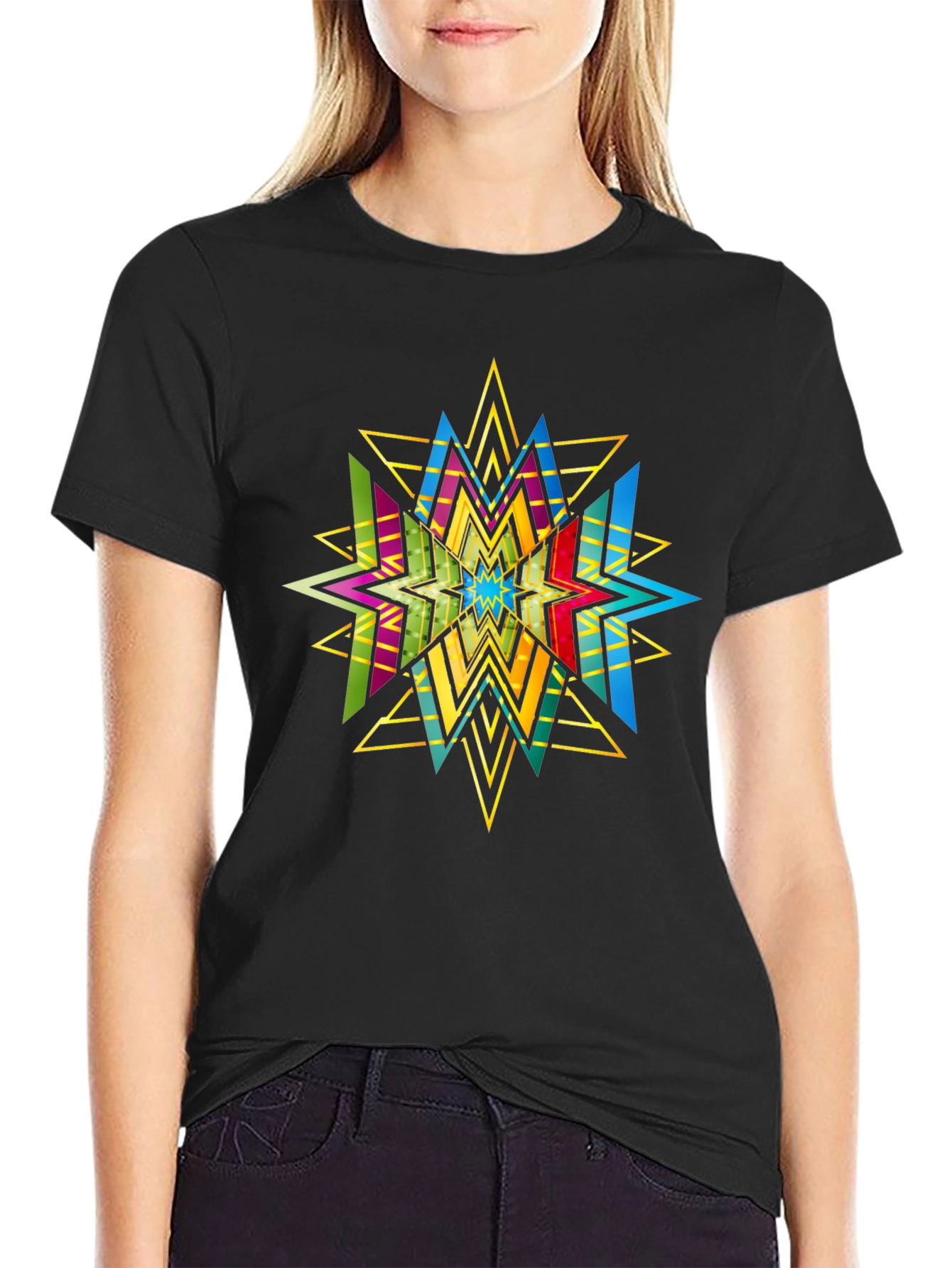 Geometric Star Graphic Print Black T-Shirt