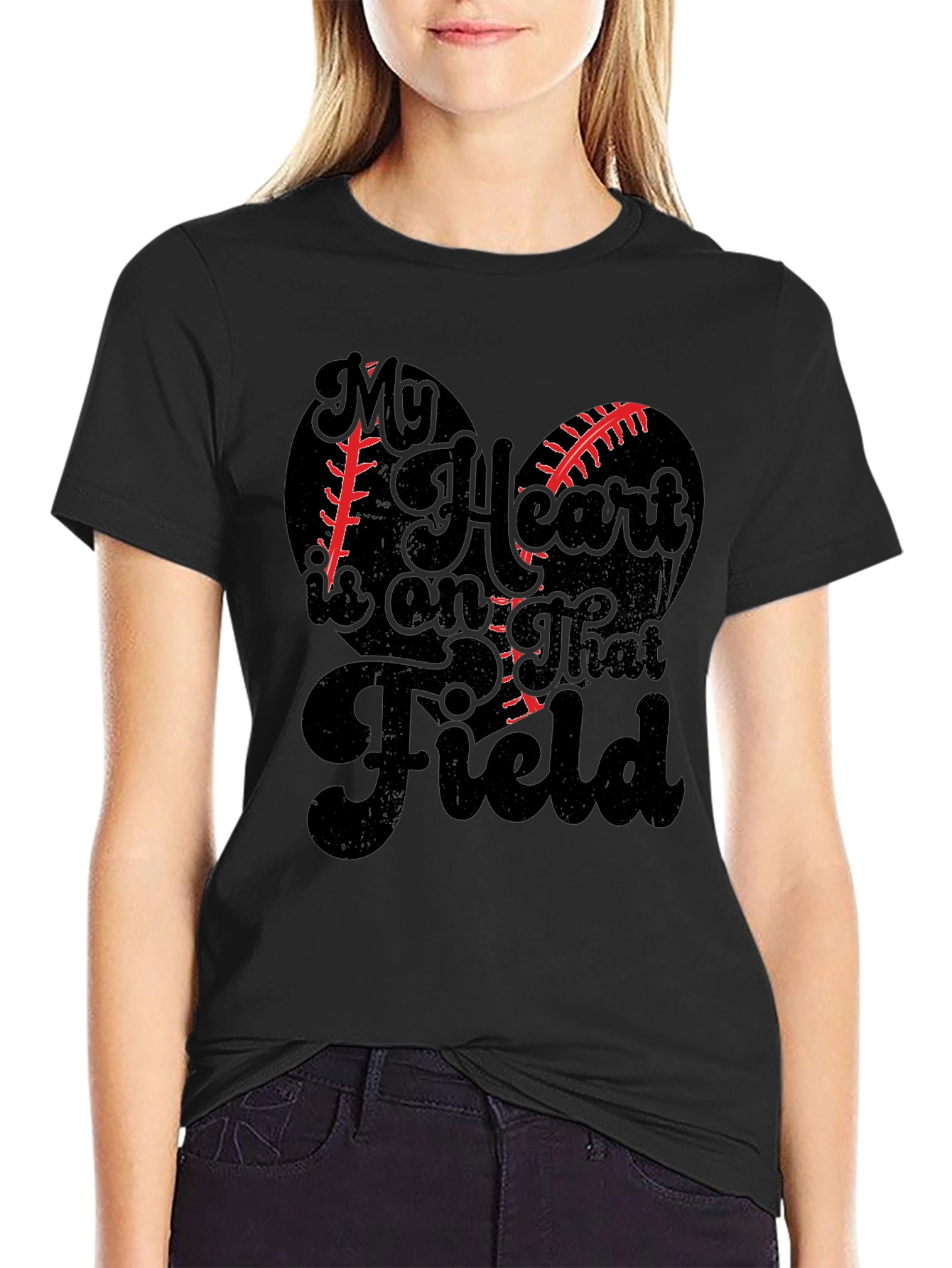 My Heart is on That Field Black Graphic T-Shirt