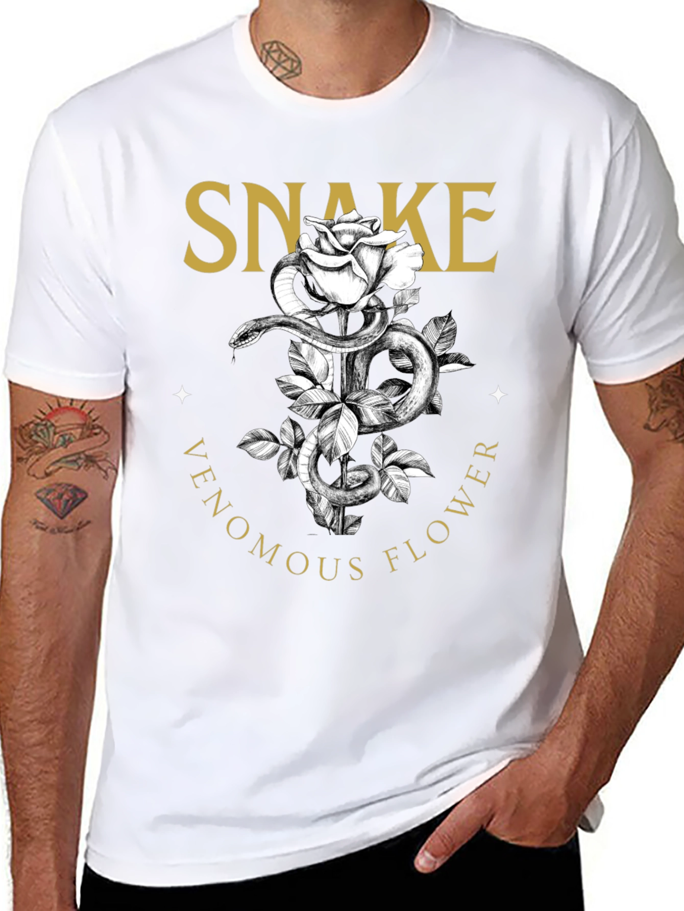 Snake Venomous Flower T-Shirt - Graphic Print Black Tee