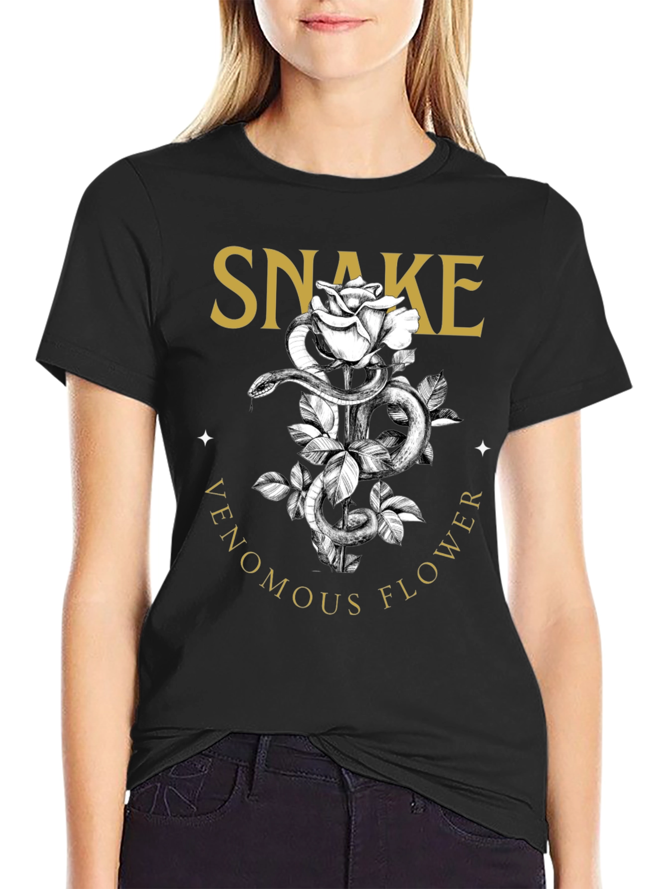Snake Venomous Flower T-Shirt - Graphic Print Black Tee