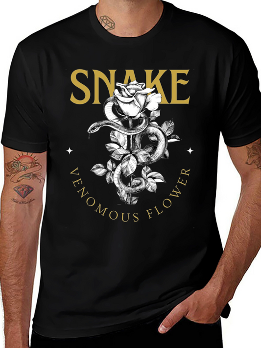 Snake Venomous Flower T-Shirt - Graphic Print Black Tee